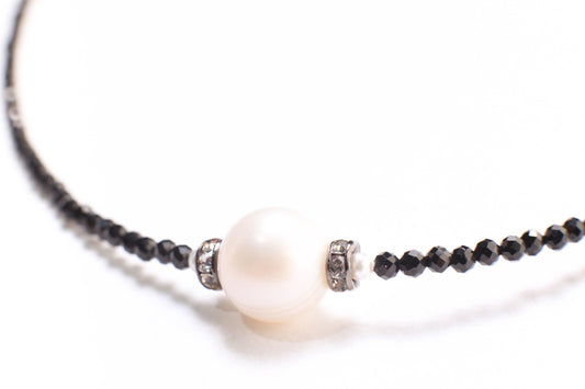 Black Spinel Micro Faceted Diamond Cut Choker Necklace, Freshwater Pearl, Diamond Style Rhinestone Roundel Pendant 14" Necklace 2" Extension