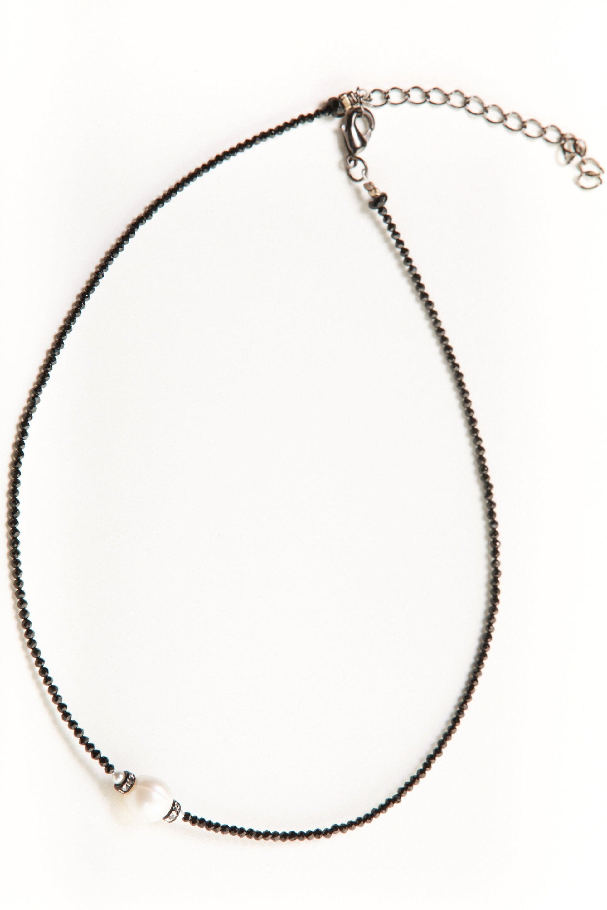 Black Spinel Micro Faceted Diamond Cut Choker Necklace, Freshwater Pearl, Diamond Style Rhinestone Roundel Pendant 14" Necklace 2" Extension