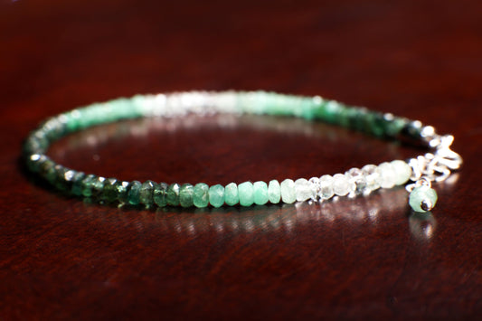 Ombre Emerald Faceted Rondelle 3-4mm Bracelet in 925 Sterling Silver Clasp and 1&quot; Extension Chain,AAA Quality Natural Precious gift for her.