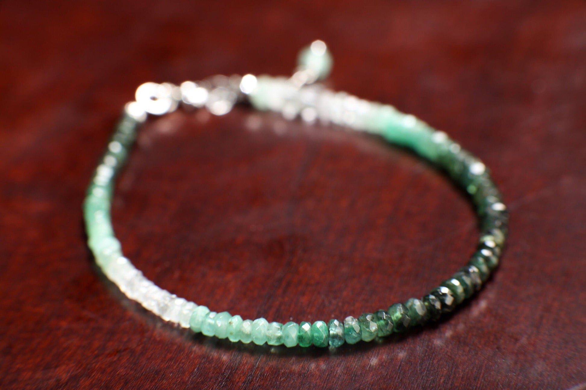 Ombre Emerald Faceted Rondelle 3-4mm Bracelet in 925 Sterling Silver Clasp and 1&quot; Extension Chain,AAA Quality Natural Precious gift for her.