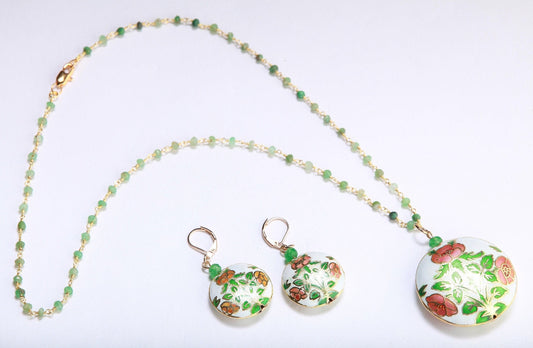 Traditional Cloisonné Pendant Vintage Floral Flowers Pink Focal with Natural Chrysoprase Beaded Chain Necklace 20&quot; and matching Earrings set