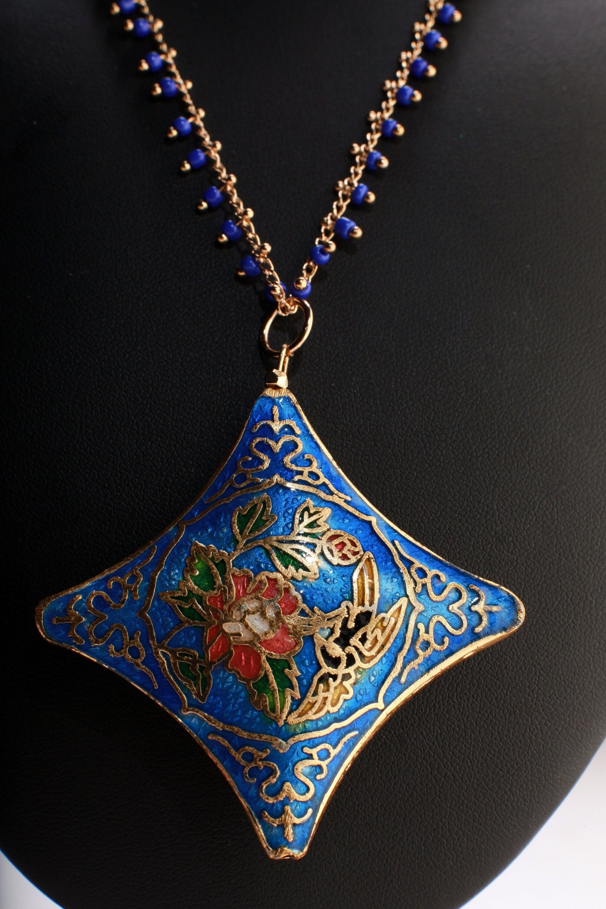 Traditional Cloisonné Pendant Vintage Floral Flowers Focal with Gold Plated Beaded Chain Necklace 20" and matching Leverback Earrings set