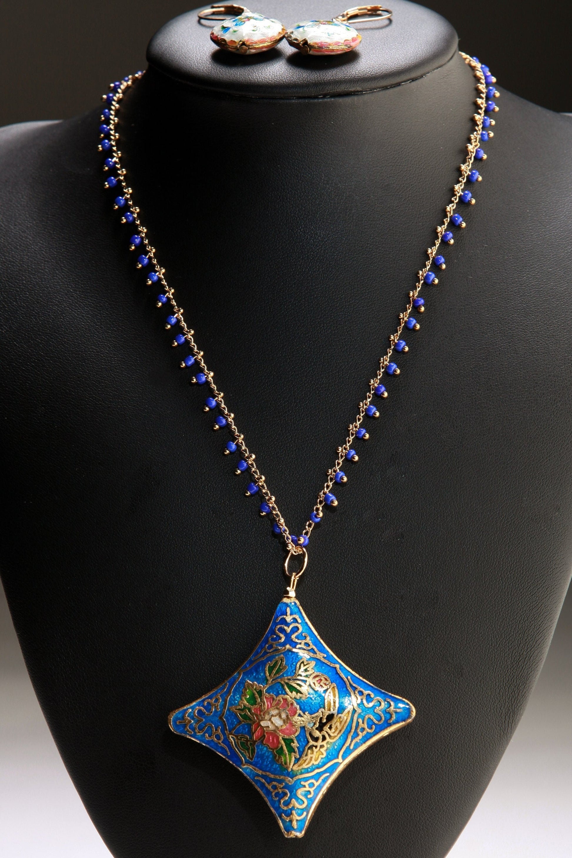 Traditional Cloisonné Pendant Vintage Floral Flowers Focal with Gold Plated Beaded Chain Necklace 20" and matching Leverback Earrings set