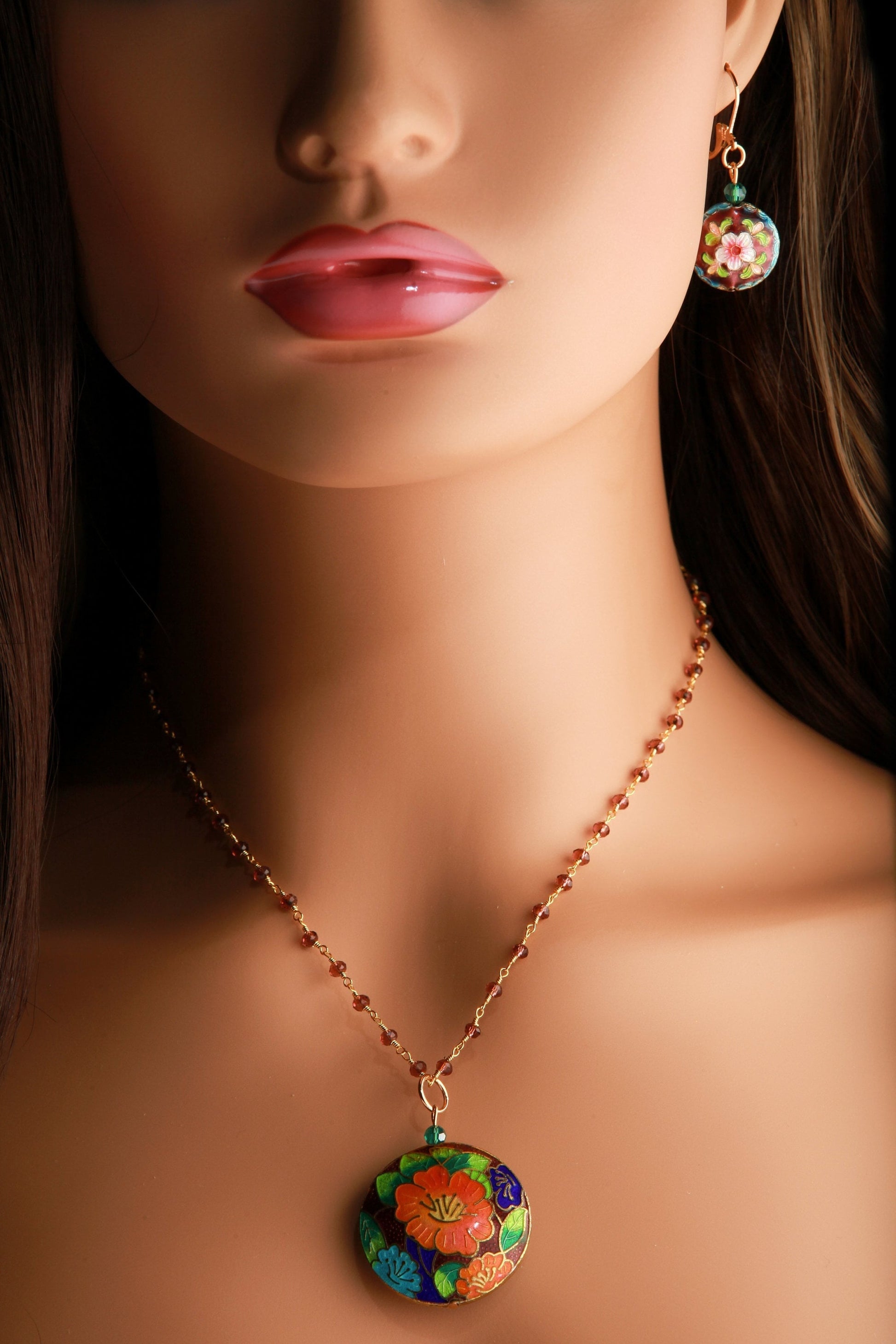 Traditional Cloisonné Pendant Vintage Floral Flowers Focal with Gold Plated Beaded Chain Necklace 20" and matching Leverback Earrings set