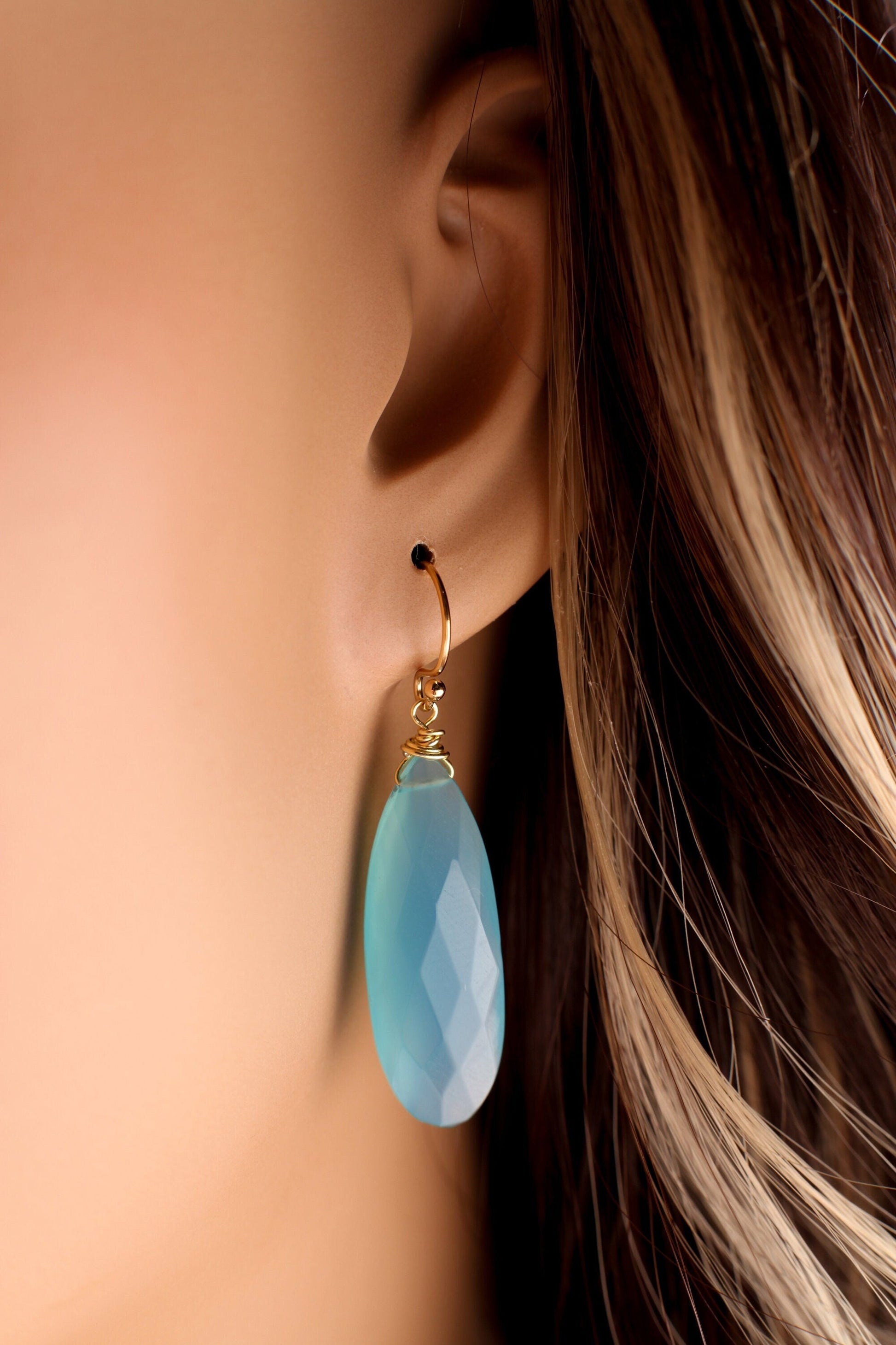 Sky Blue Chalcedony 9.5x25mm Briolette Teardrop, 925 Sterling Silver or Gold Filled in Earwire or Leverback, Boho, Gemstone Jewelry Gift