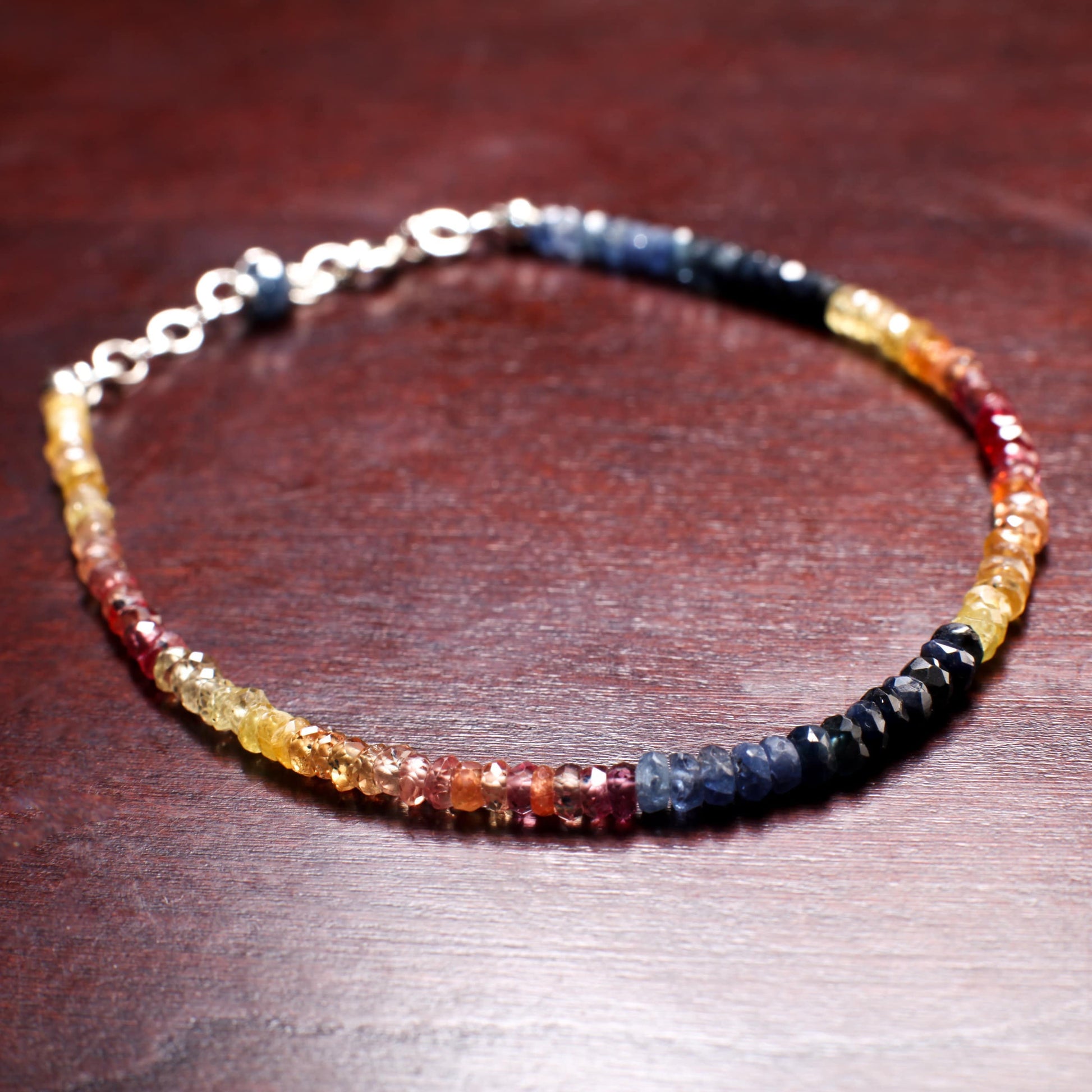 Natural Multi Sunset Sapphire Faceted 3mm Rondelle Gemstone Bracelet in 925 Sterling Silver or 14K Gold Filled Chain and Clasp, Gift for her