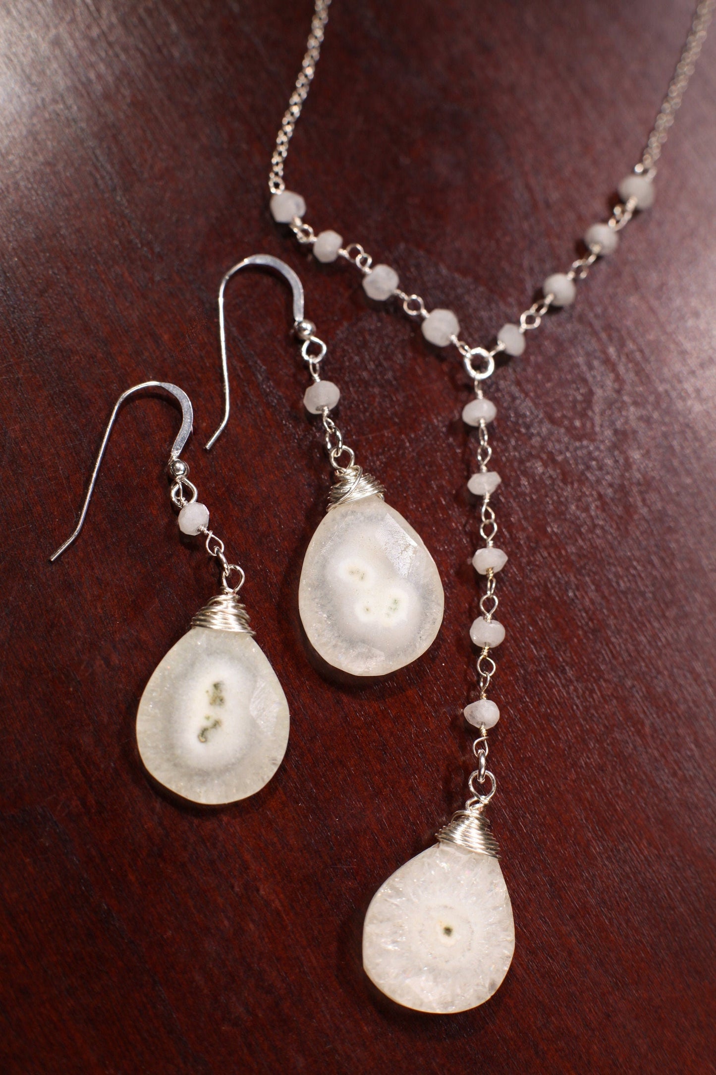 Solar Quartz Pear Drop 17x22mm Pendant Y 16" Necklace, Wire Wrapped Moonstone Spacers Dangling Earrings Jewelry Set in 925 Sterling Silver