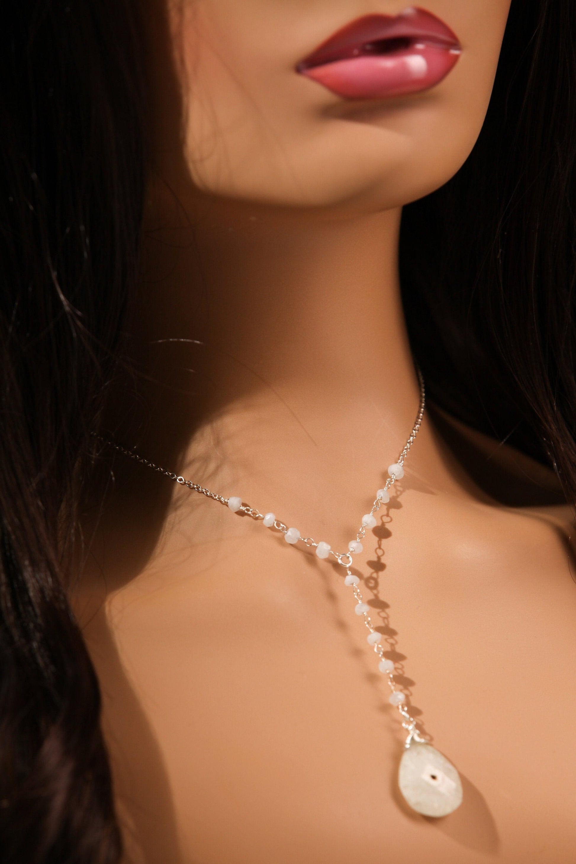 Solar Quartz Pear Drop 17x22mm Pendant Y 16" Necklace, Wire Wrapped Moonstone Spacers Dangling Earrings Jewelry Set in 925 Sterling Silver