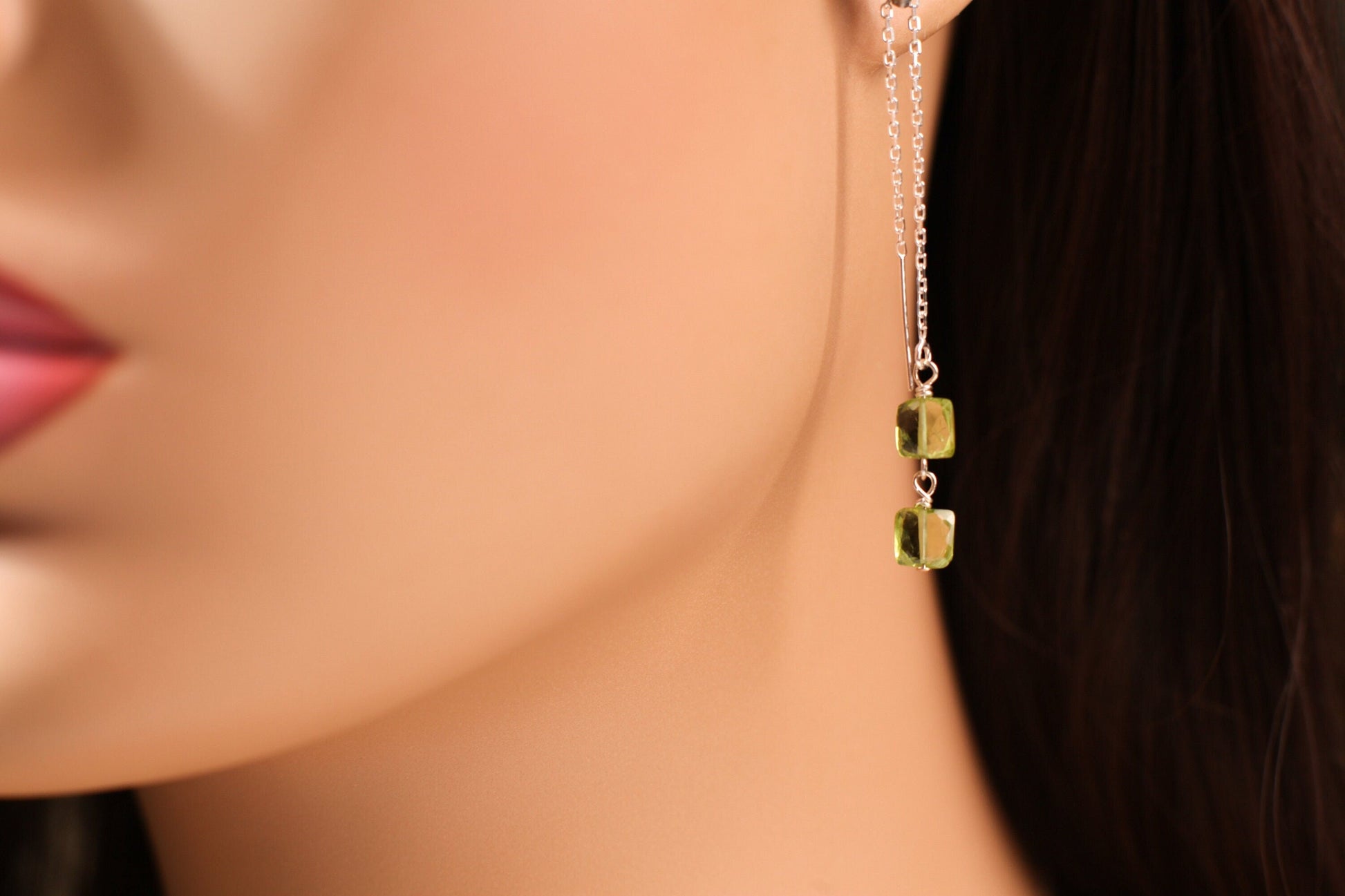 Peridot Faceted 6x6mm Square Cushion Shape in 925 Sterling Silver 65mm Long Threader Earrings, Gifts