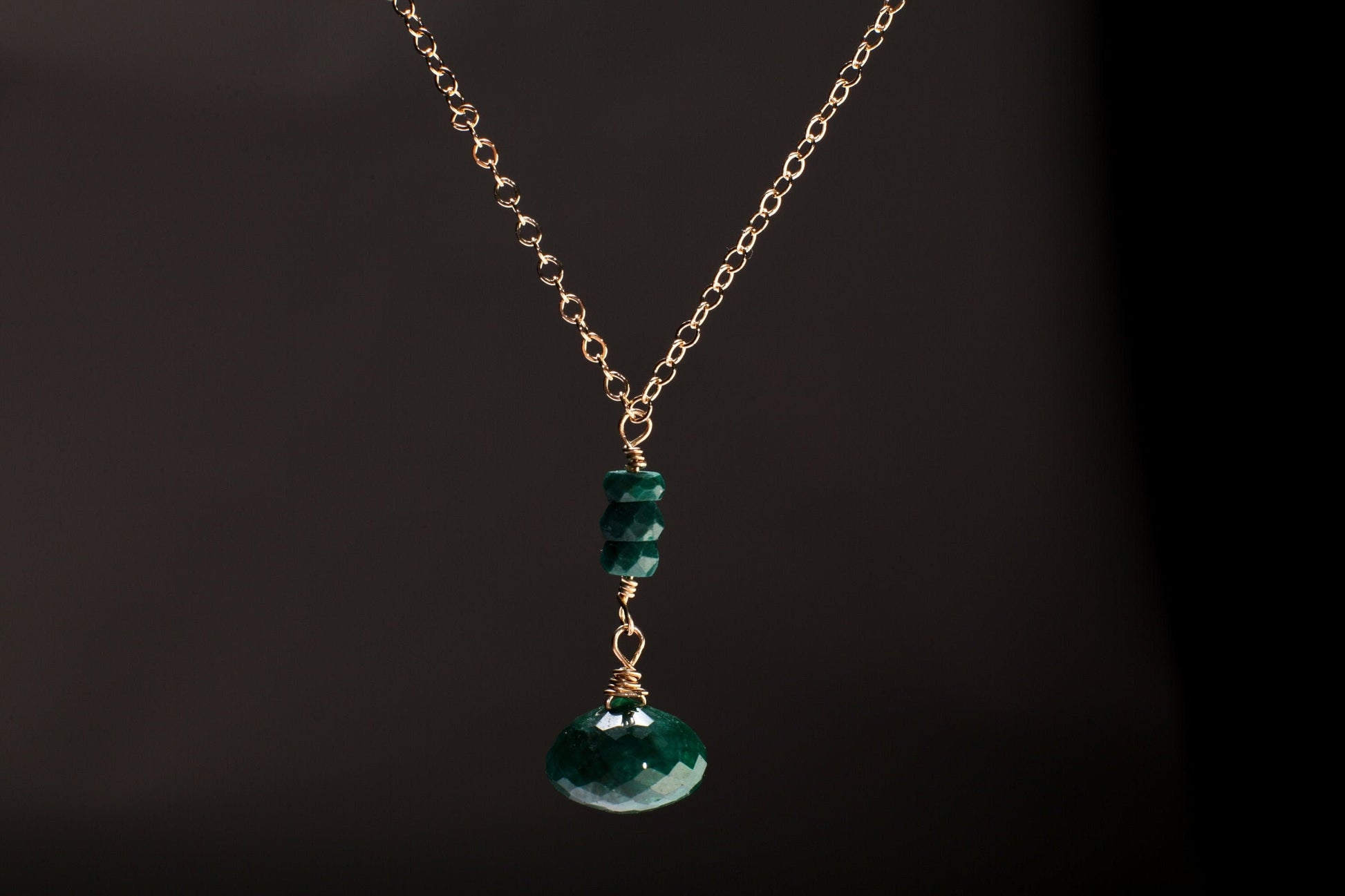 Genuine Emerald Onion Drop Briolette Wire Wrapped Faceted 8x11mm Teardrop Charm, 4mm Emerald Rondelle in 14K Gold Filled Chain and Clasp