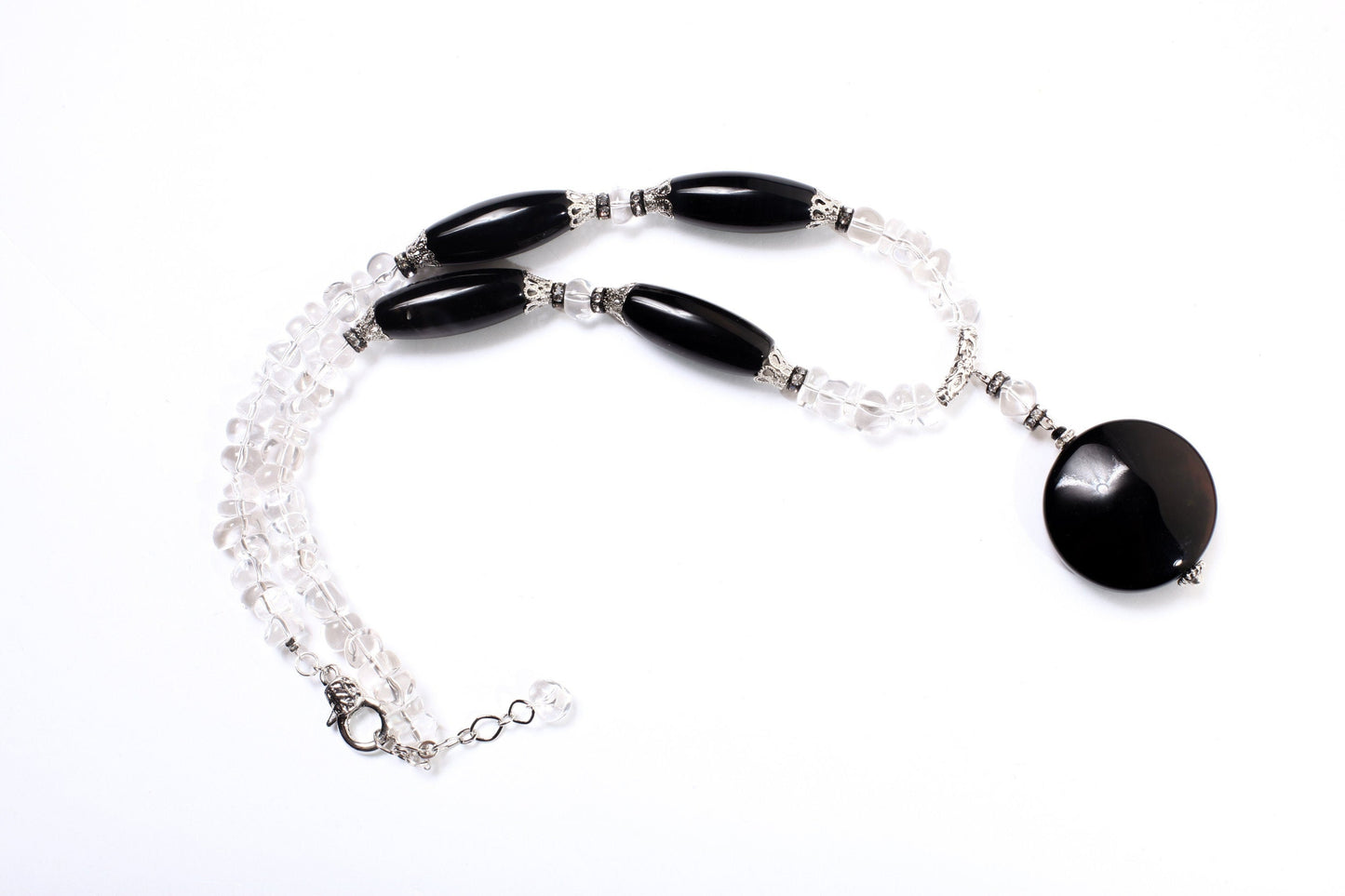 Natural Rock crystal tumble nugget,Black Agate 38mm Disk Pendant,Black Agate 14x34mm Long Oval Barrel Necklace 21" with 2" Extension,healing
