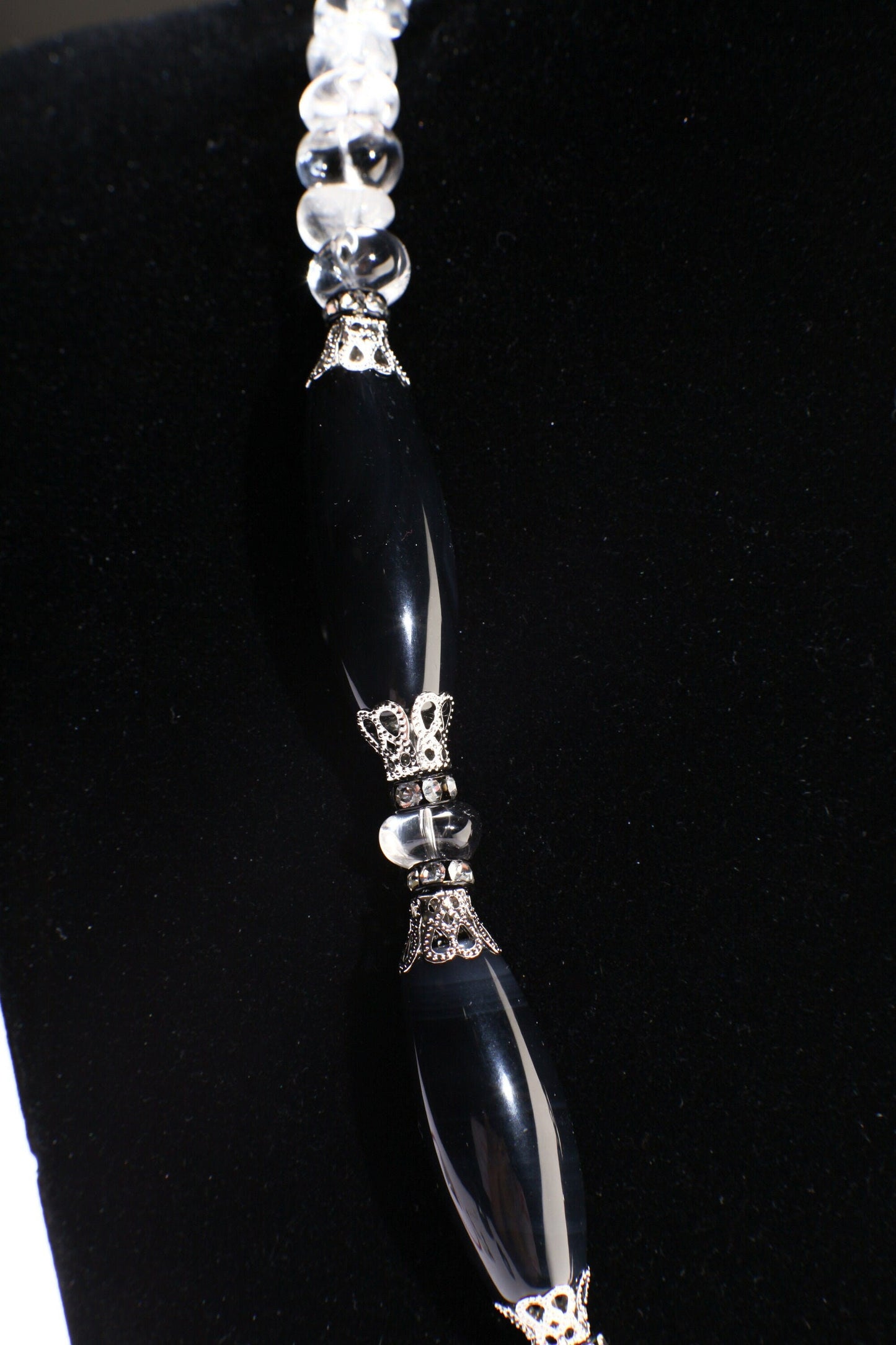 Natural Rock crystal tumble nugget,Black Agate 38mm Disk Pendant,Black Agate 14x34mm Long Oval Barrel Necklace 21" with 2" Extension,healing