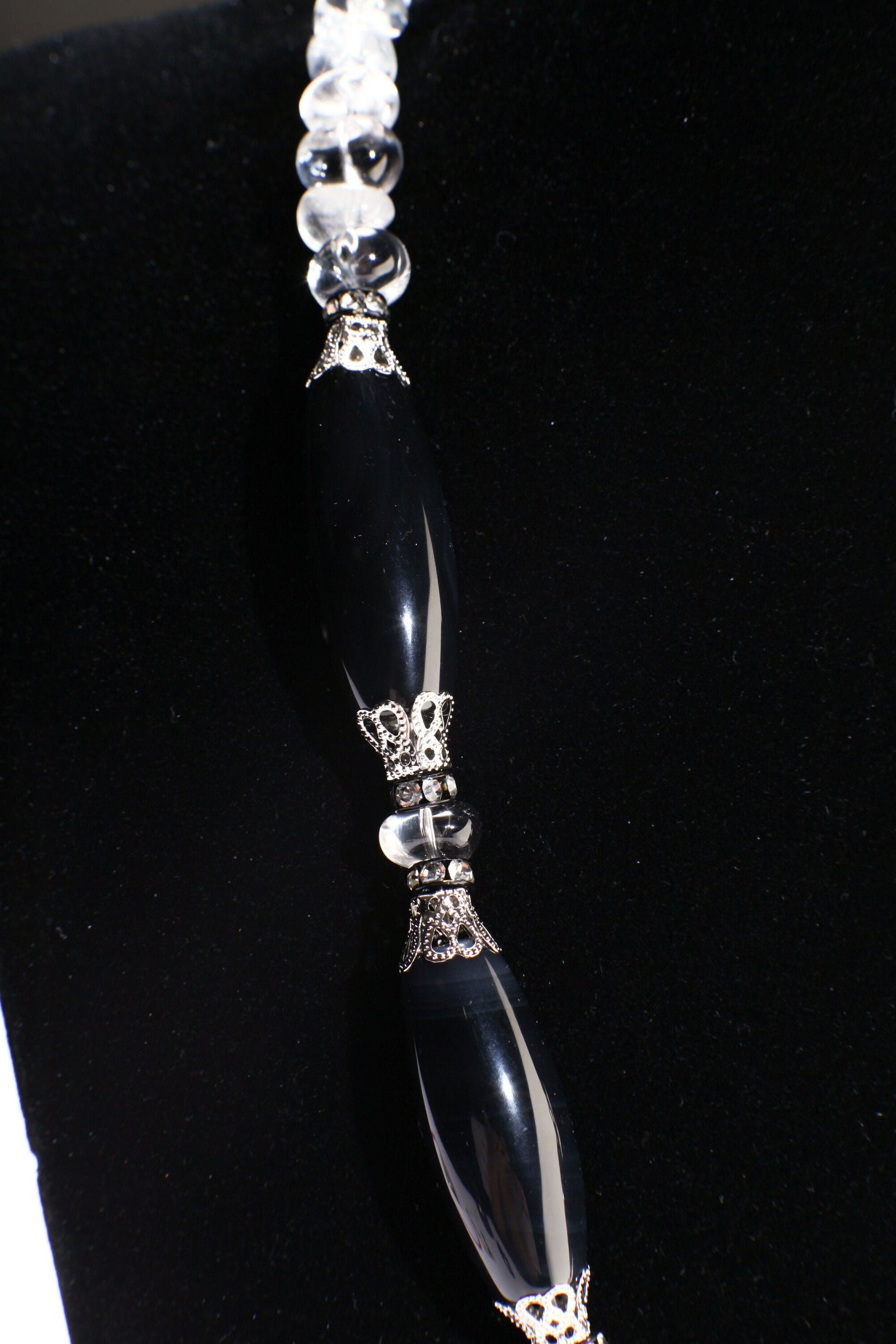 Natural Rock crystal tumble nugget,Black Agate 38mm Disk Pendant,Black Agate 14x34mm Long Oval Barrel Necklace 21" with 2" Extension,healing