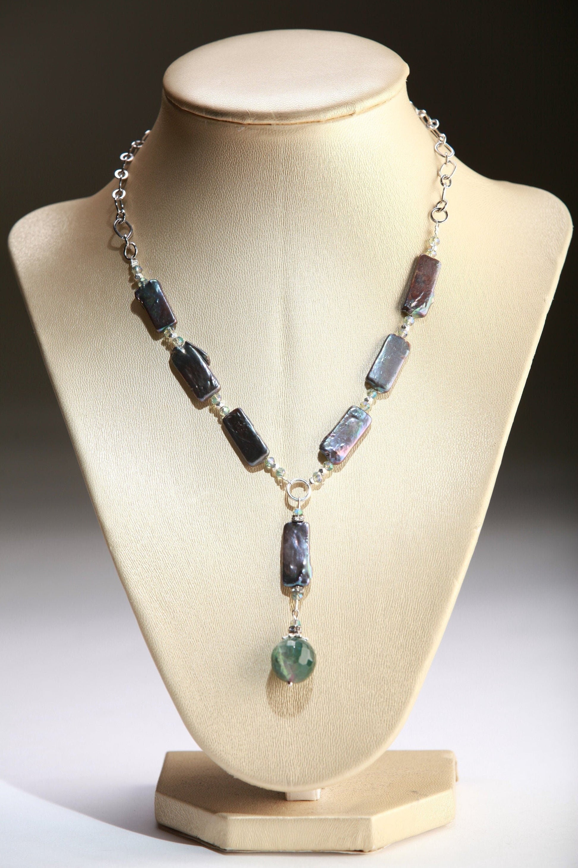 Freshwater Pearl Necklace with Moss Agate drop