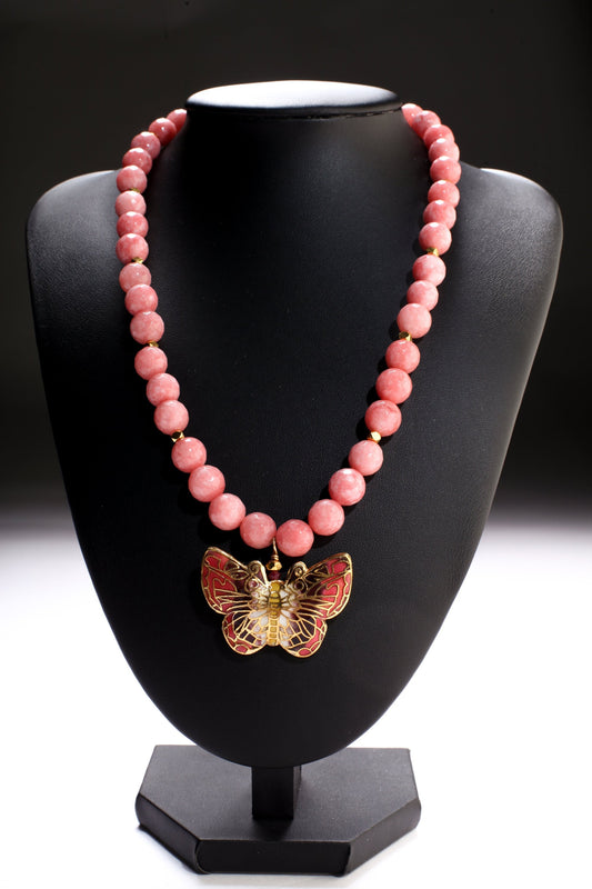 Traditional Cloisonné Pendant Double Sided Vintage Butterfly Focal with Salmon Pink Jade Faceted Round 10mm 17.5&quot; Necklace with 2&quot;Extension