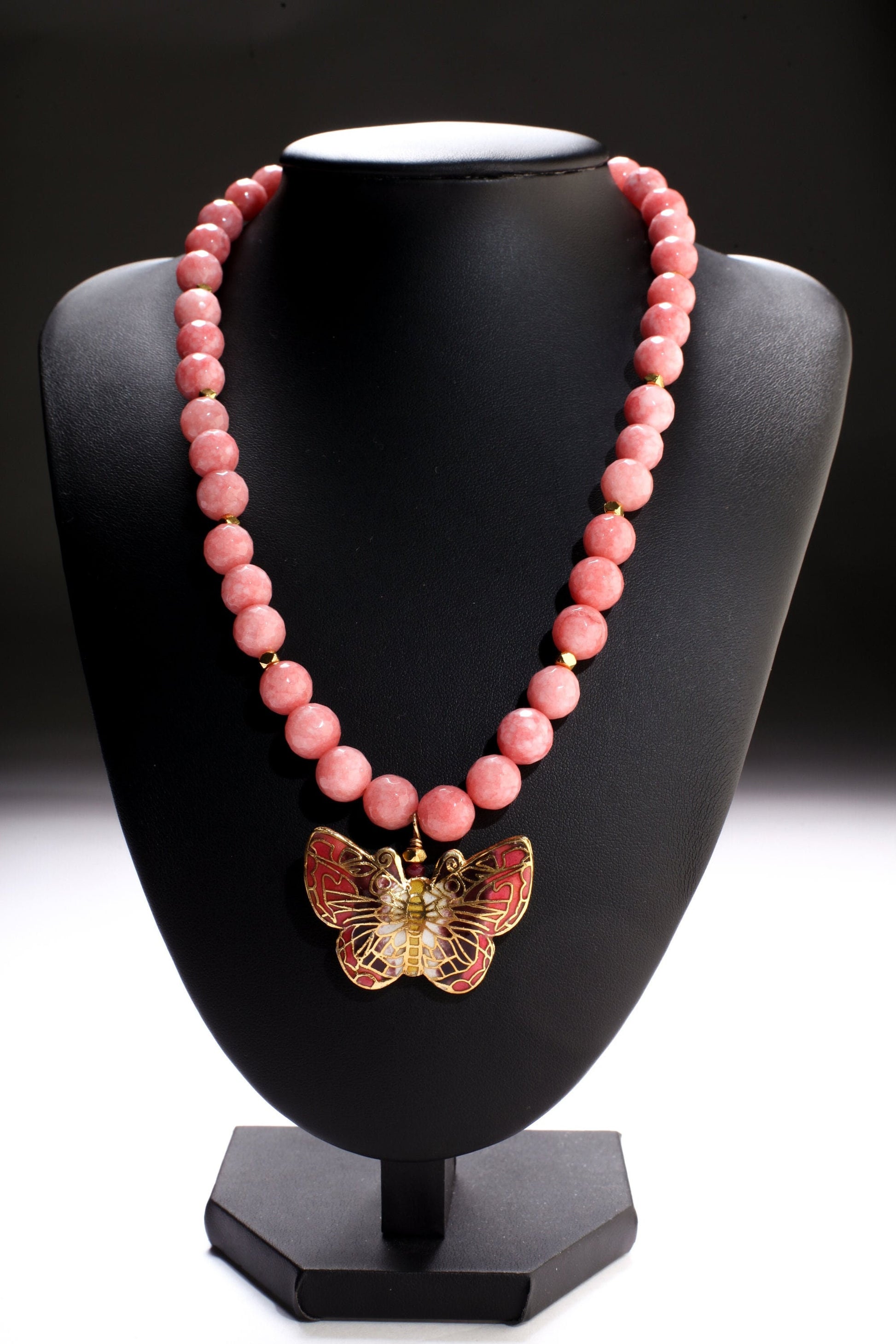 Traditional Cloisonné Pendant Double Sided Vintage Butterfly Focal with Salmon Pink Jade Faceted Round 10mm 17.5" Necklace with 2"Extension
