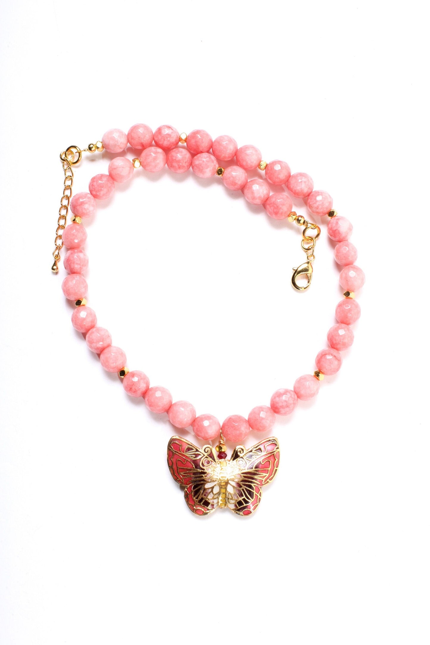 Traditional Cloisonné Pendant Double Sided Vintage Butterfly Focal with Salmon Pink Jade Faceted Round 10mm 17.5" Necklace with 2"Extension