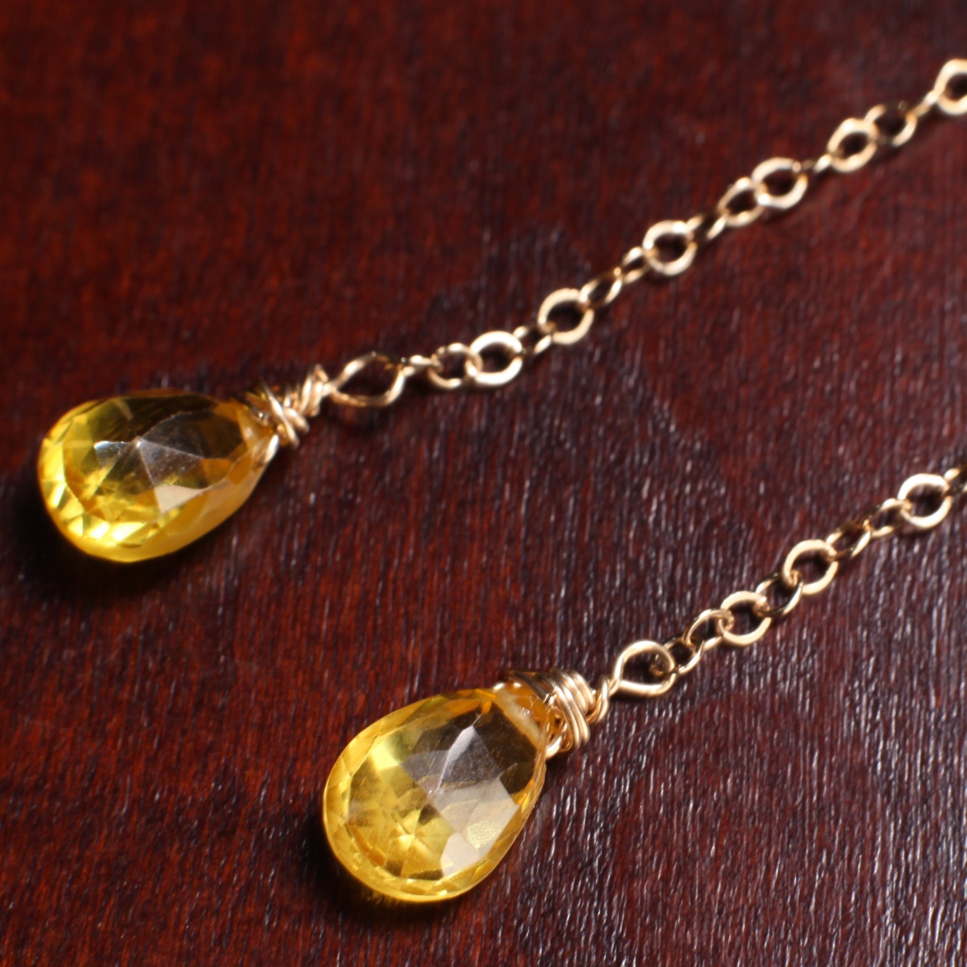 Yellow Citrine 6x9mm Wire Wrapped Teardrop Briolette with 14K Gold Filled Chain and Leverback Earrings, Gemstone Handmade Gift for Her