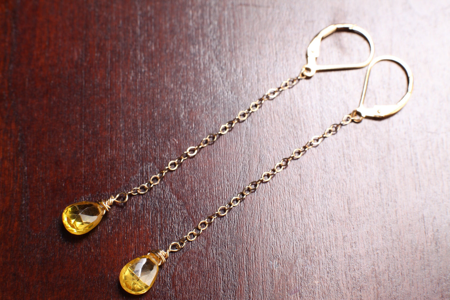 Yellow Citrine 6x9mm Wire Wrapped Teardrop Briolette with 14K Gold Filled Chain and Leverback Earrings, Gemstone Handmade Gift for Her