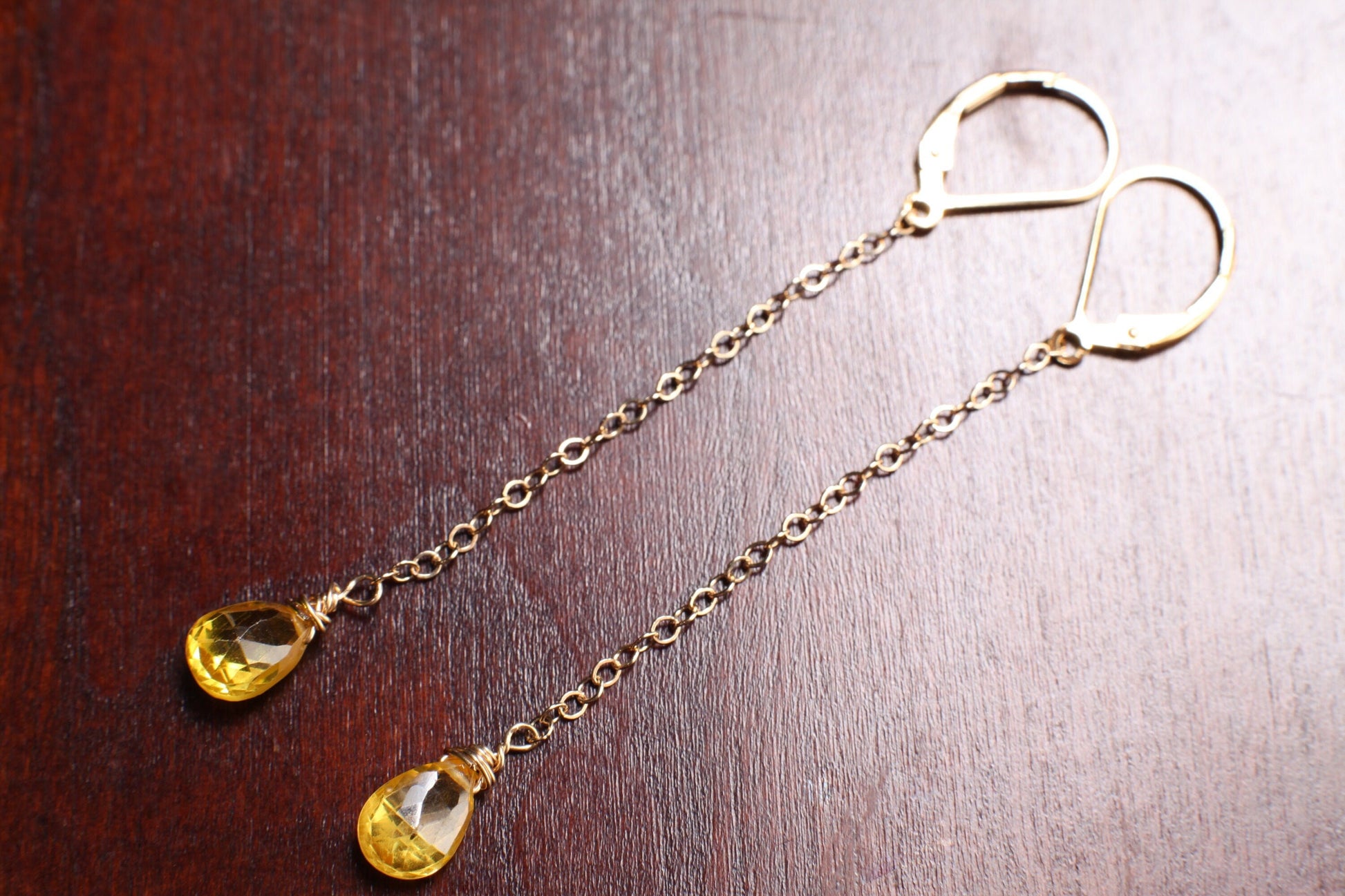 Yellow Citrine 6x9mm Wire Wrapped Teardrop Briolette with 14K Gold Filled Chain and Leverback Earrings, Gemstone Handmade Gift for Her