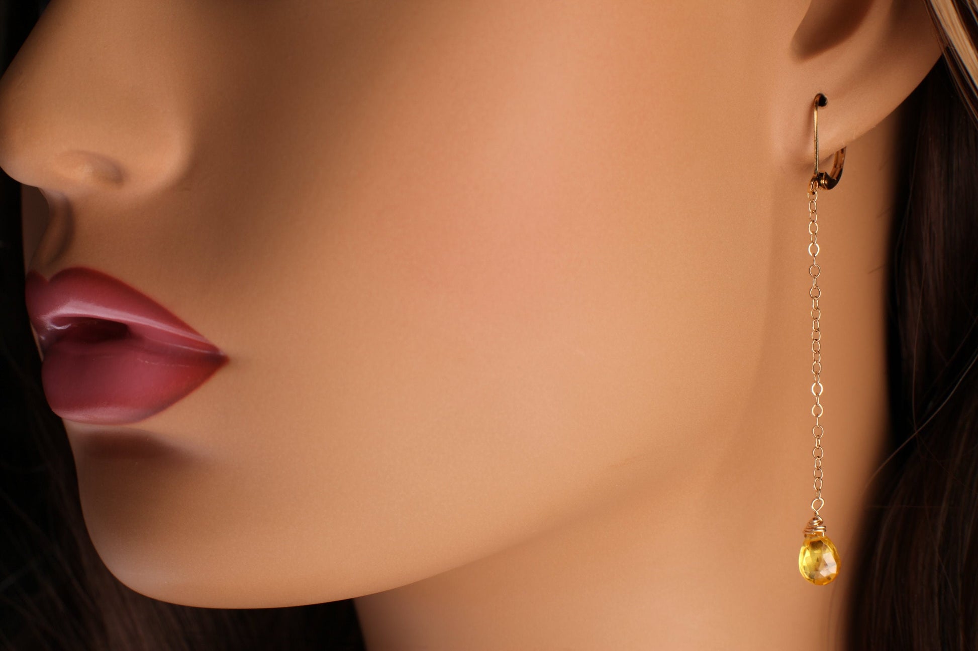 Yellow Citrine 6x9mm Wire Wrapped Teardrop Briolette with 14K Gold Filled Chain and Leverback Earrings, Gemstone Handmade Gift for Her