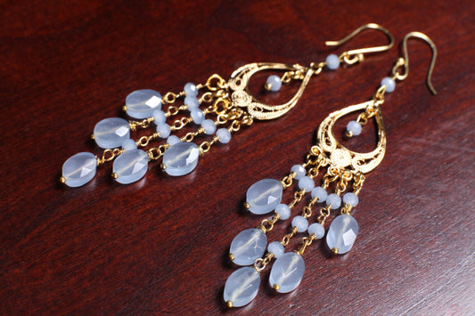 Blue Chalcedony Faceted Oval 6x8mm Handmade Chandelier Wire Wrapped Dangling Earrings in Gold Vermeil Over 925 Sterling Silver Earwire