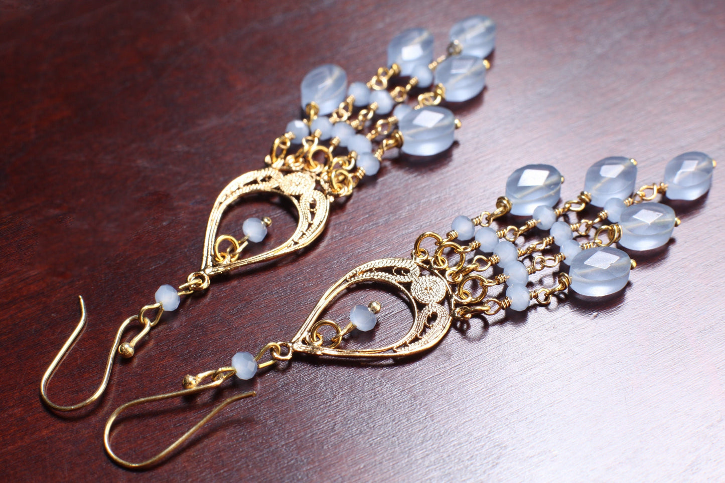 Blue Chalcedony Faceted Oval 6x8mm Handmade Chandelier Wire Wrapped Dangling Earrings in Gold Vermeil Over 925 Sterling Silver Earwire