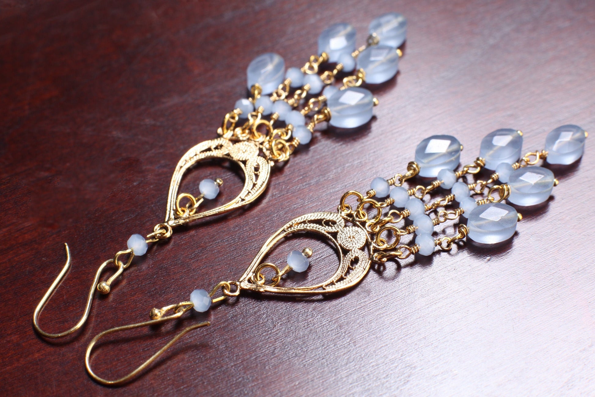 Blue Chalcedony Faceted Oval 6x8mm Handmade Chandelier Wire Wrapped Dangling Earrings in Gold Vermeil Over 925 Sterling Silver Earwire
