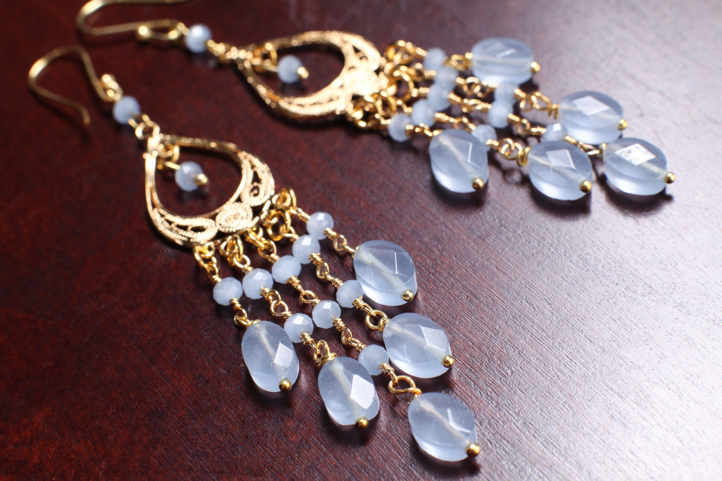 Blue Chalcedony Faceted Oval 6x8mm Handmade Chandelier Wire Wrapped Dangling Earrings in Gold Vermeil Over 925 Sterling Silver Earwire