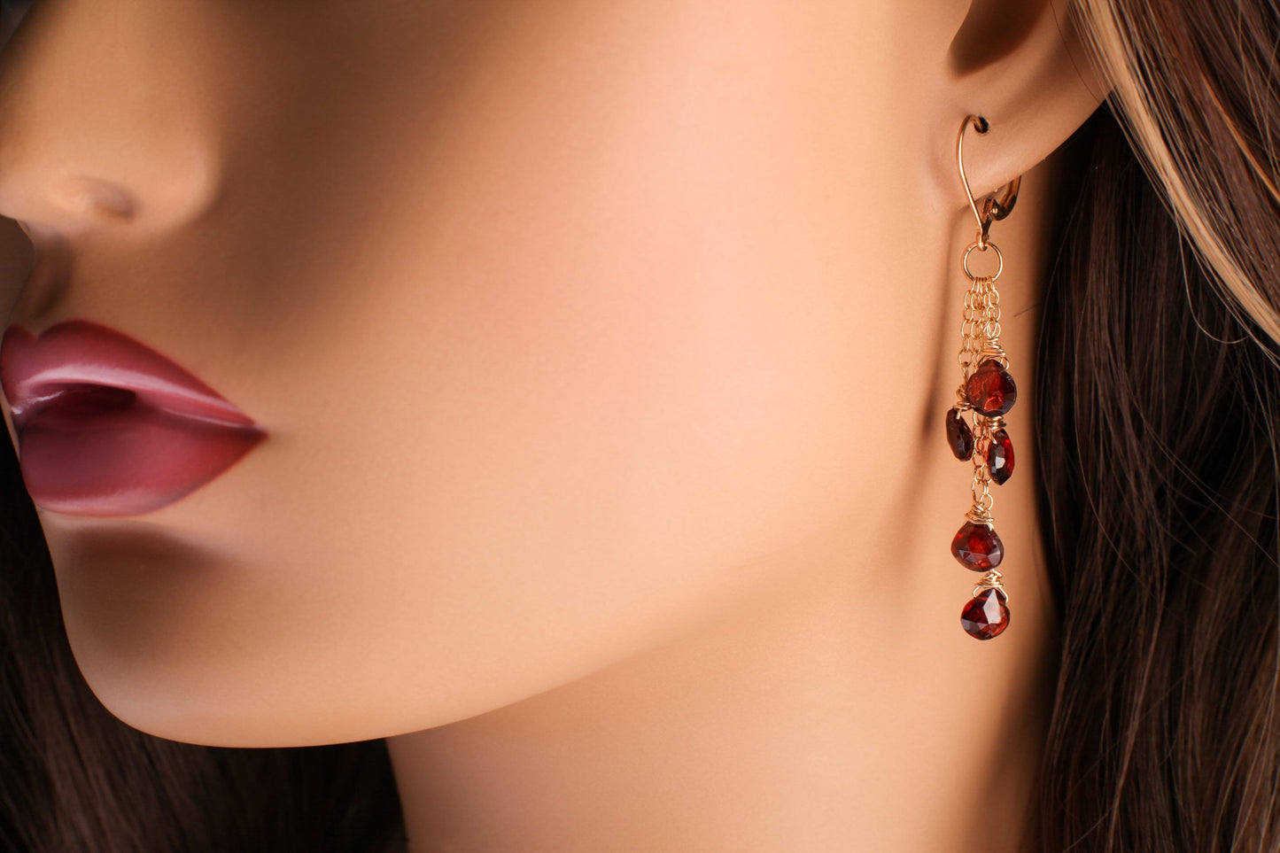 Genuine Mozambique Garnet Faceted heart earrings,Merlot Red Teardrop cascade Dangling Wire Wrap 14K Gold Filled chain& Leverback Earring