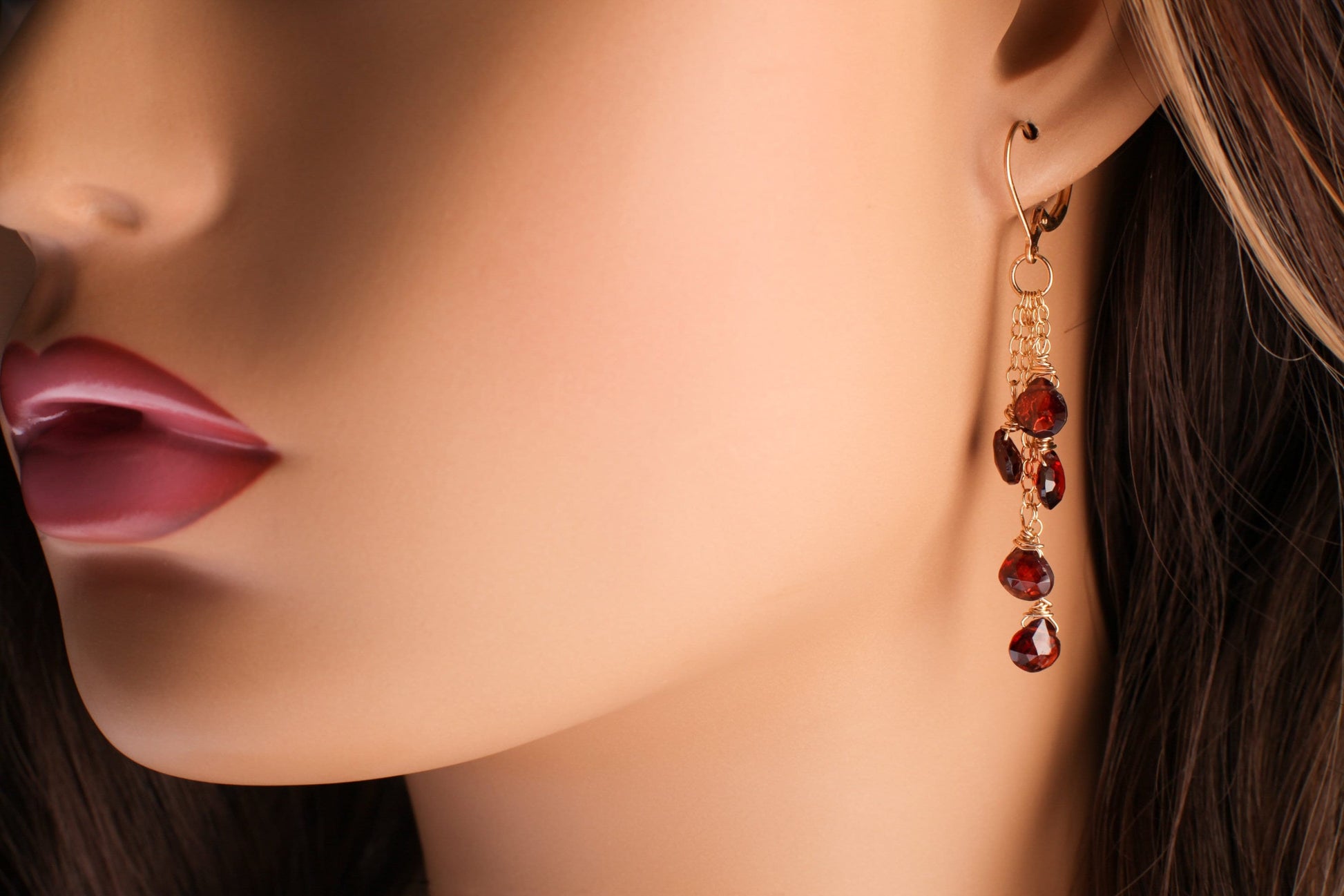 Genuine Mozambique Garnet Faceted heart earrings,Merlot Red Teardrop cascade Dangling Wire Wrap 14K Gold Filled chain& Leverback Earring