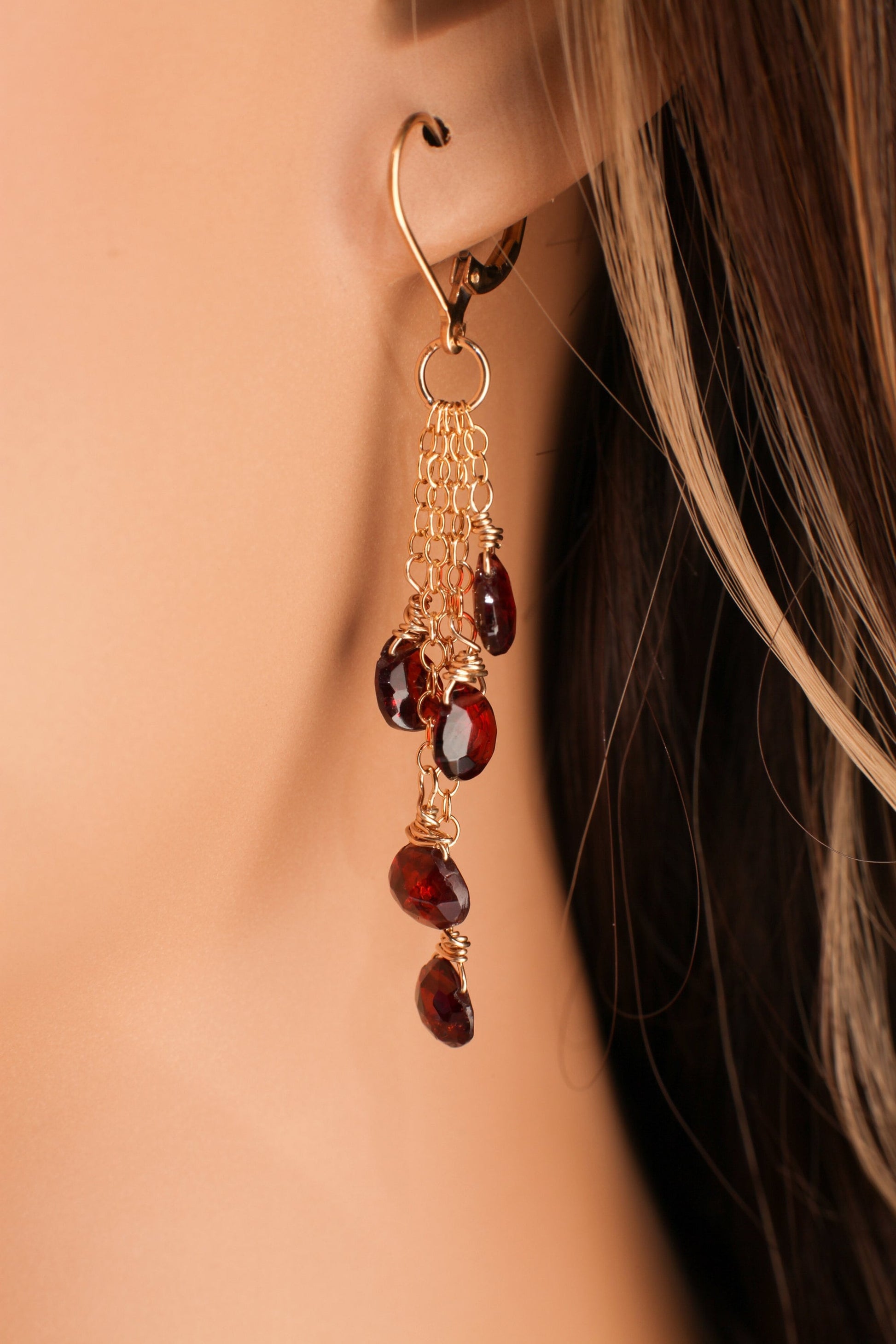 Genuine Mozambique Garnet Faceted heart earrings,Merlot Red Teardrop cascade Dangling Wire Wrap 14K Gold Filled chain& Leverback Earring