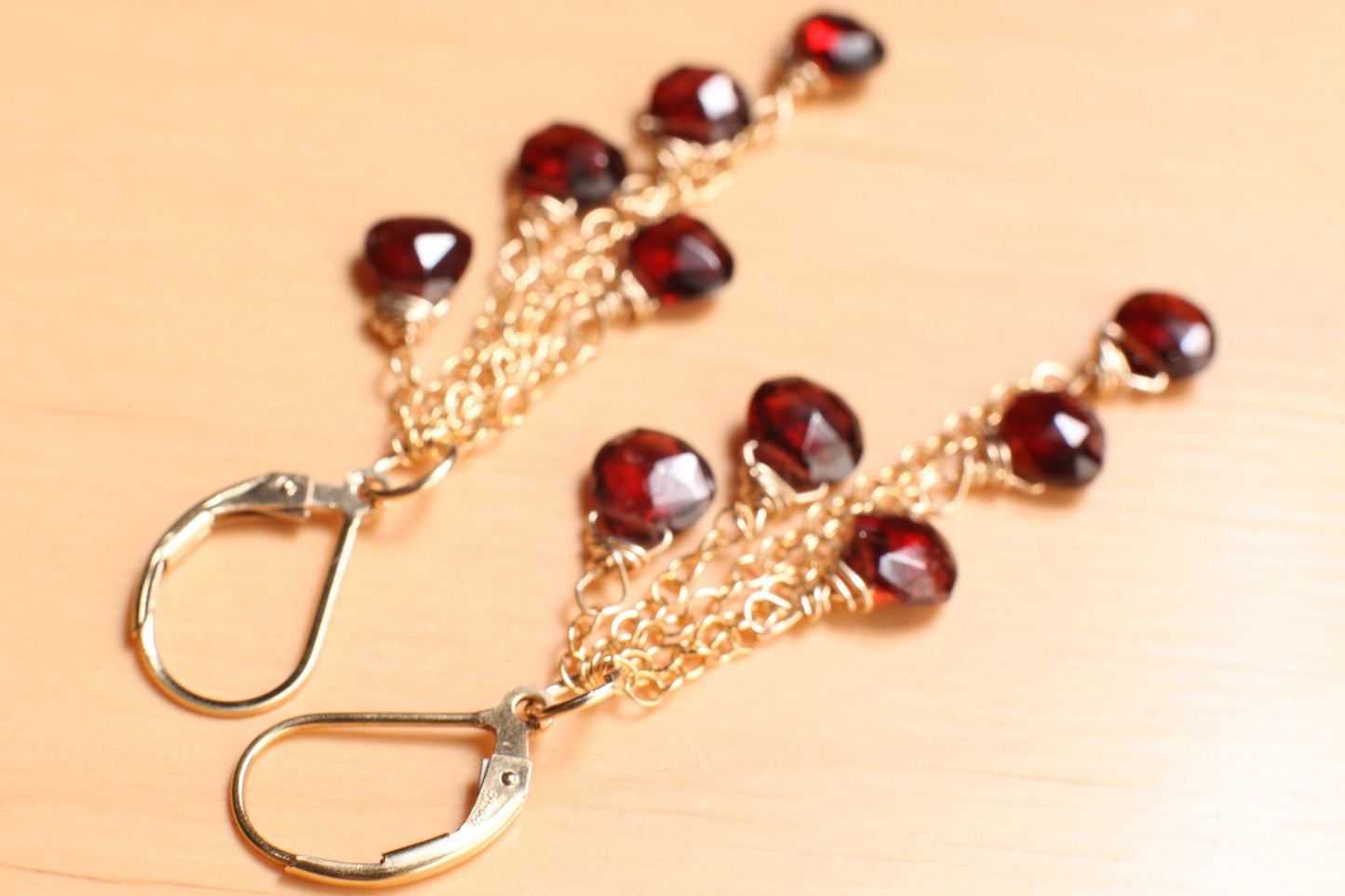Genuine Mozambique Garnet Faceted heart earrings,Merlot Red Teardrop cascade Dangling Wire Wrap 14K Gold Filled chain& Leverback Earring