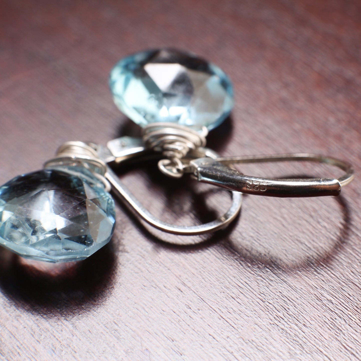 Swiss Blue Topaz drop cut 12mm faceted Heart Teardrop natural Gemstone, AAA quality wirewrap 925 Sterling Silver Leverback Earring valentine