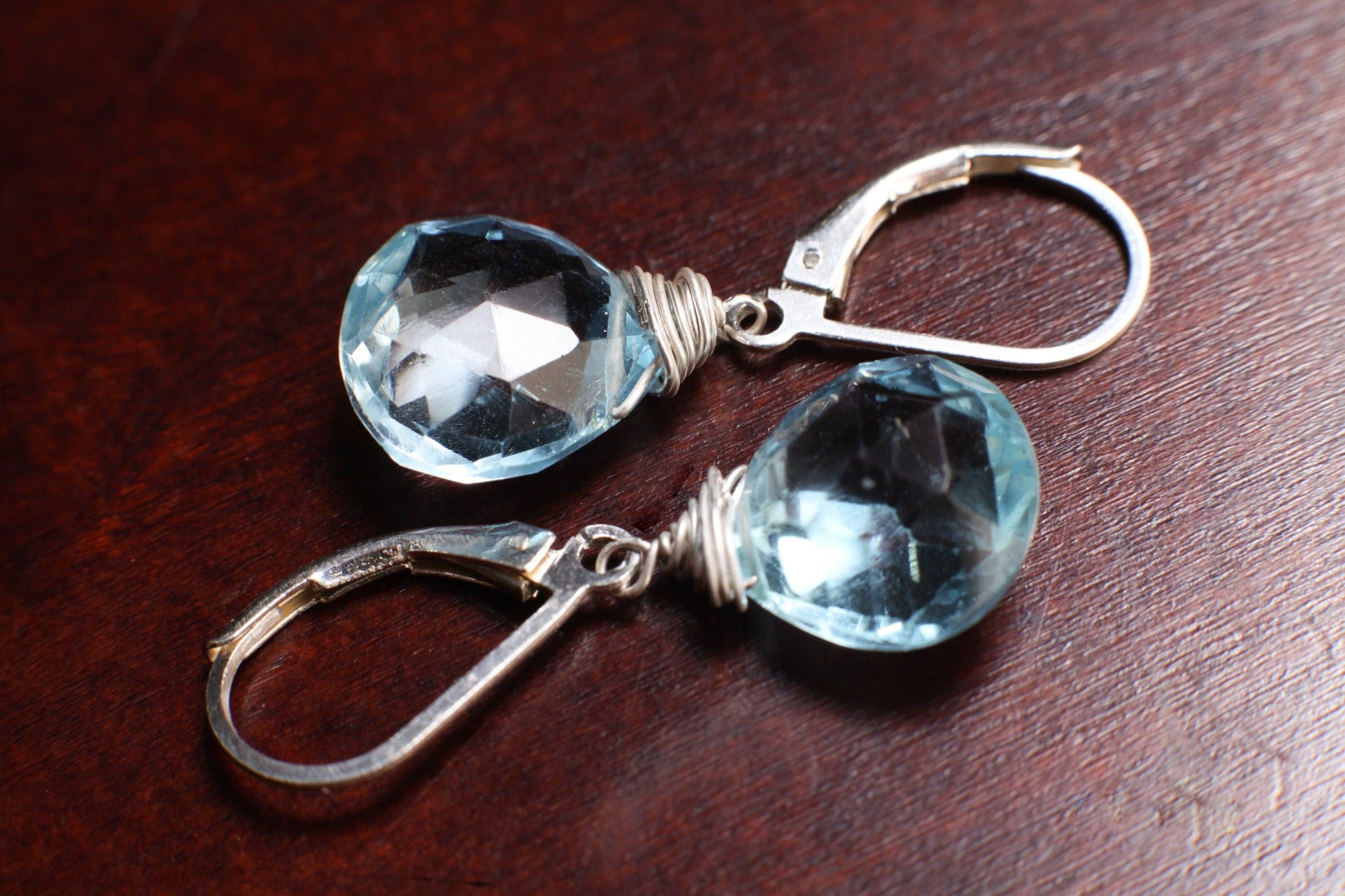 Swiss Blue Topaz drop cut 12mm faceted Heart Teardrop natural Gemstone, AAA quality wirewrap 925 Sterling Silver Leverback Earring valentine