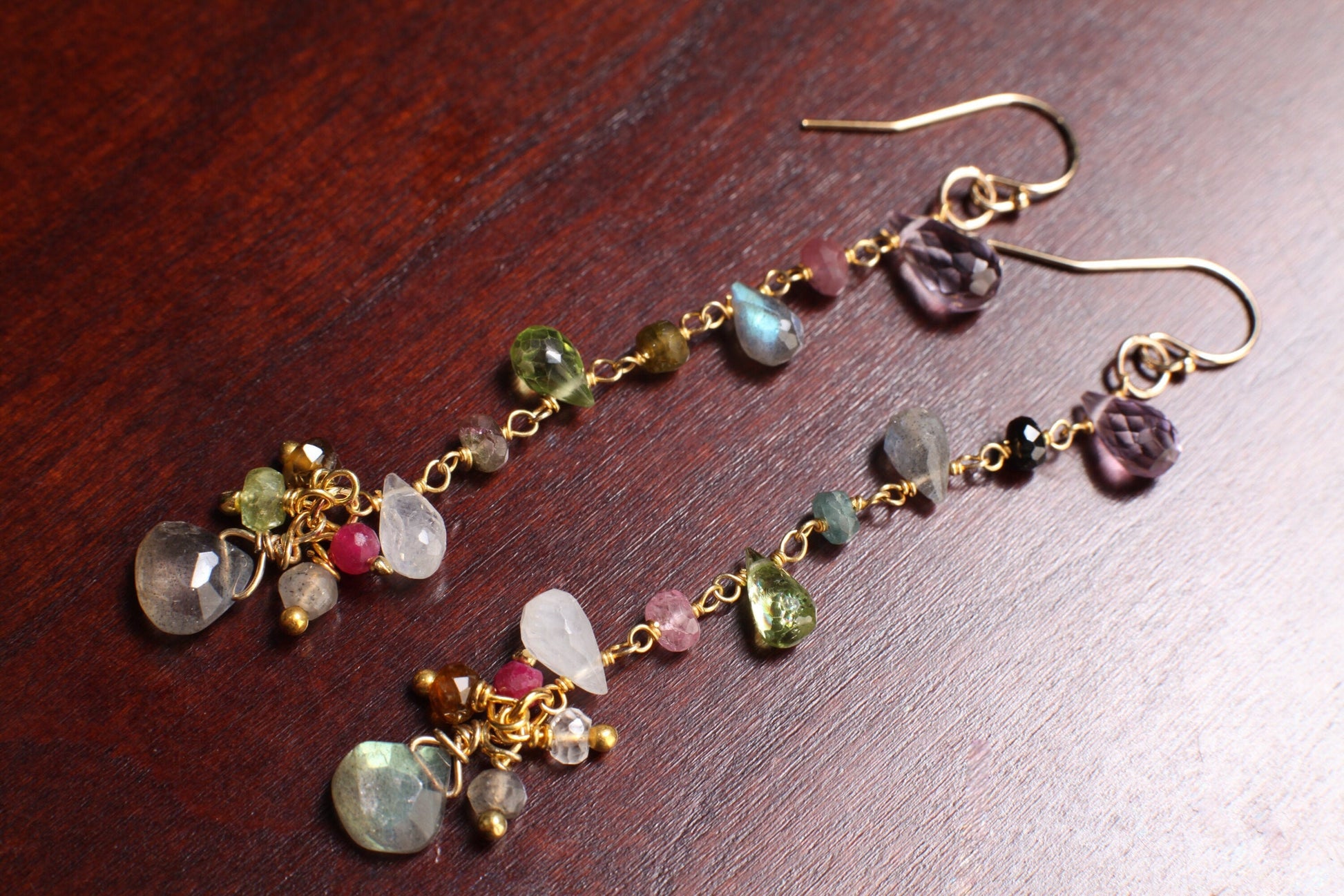 Multi Gemstones Faceted Briolette Drop and Rondelle with Dangling Labradorite Gold Vermeil Earrings, Amethyst, Moonstone, Ruby, Labradorite