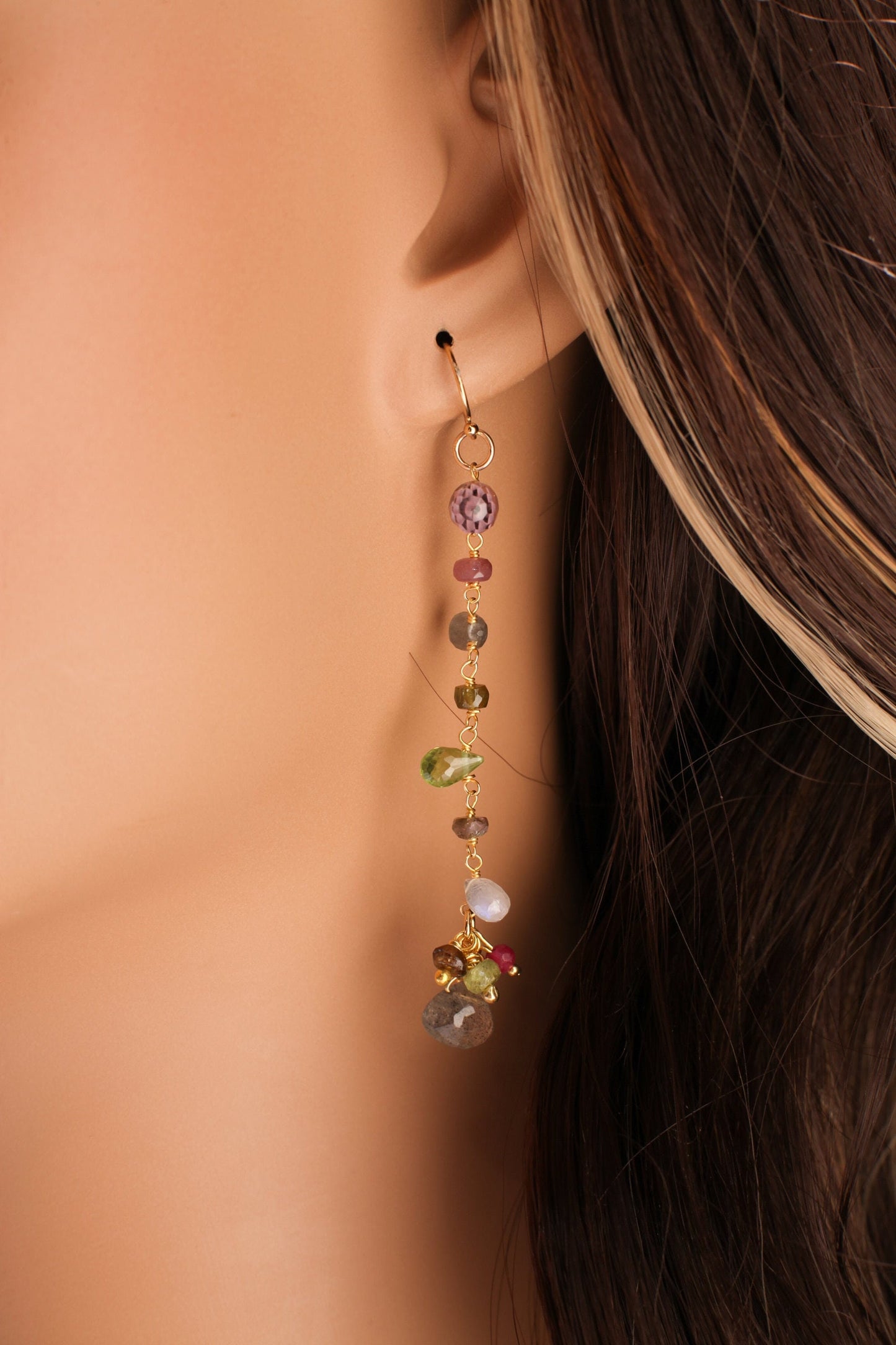 Multi Gemstones Faceted Briolette Drop and Rondelle with Dangling Labradorite Gold Vermeil Earrings, Amethyst, Moonstone, Ruby, Labradorite