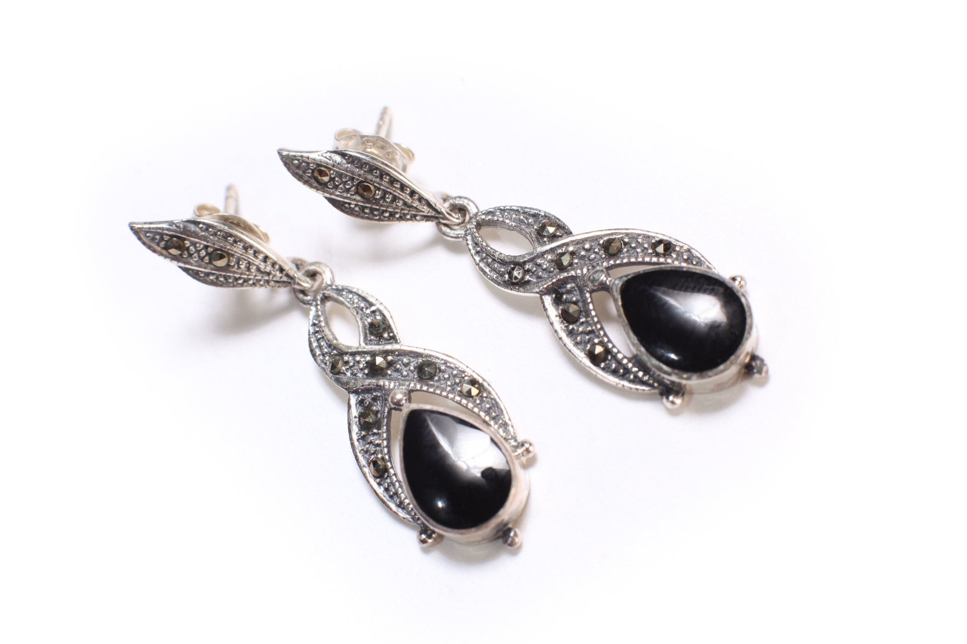 Marcasite 925 Sterling Silver Earrings Post with Dangle Black Onyx, Vintage, Antique Marcasite Earrings 11x40mm Gift for her