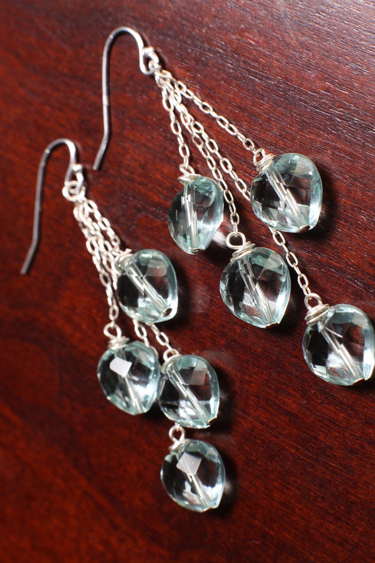aquamarine quartz 10mm Faceted Heart Dangle Earrings with 925 Sterling Silver chain and Ear Wire Soothing earrings Beach boho valentine gift