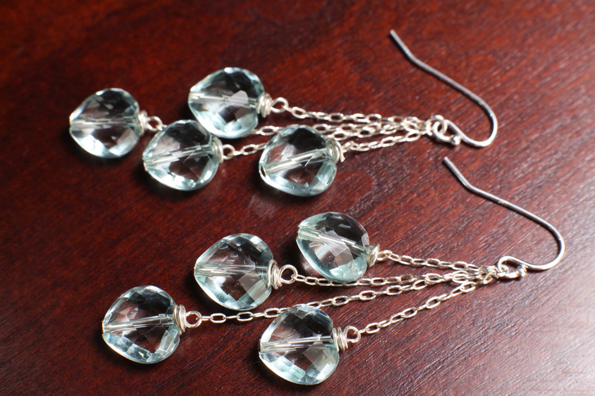 aquamarine quartz 10mm Faceted Heart Dangle Earrings with 925 Sterling Silver chain and Ear Wire Soothing earrings Beach boho valentine gift