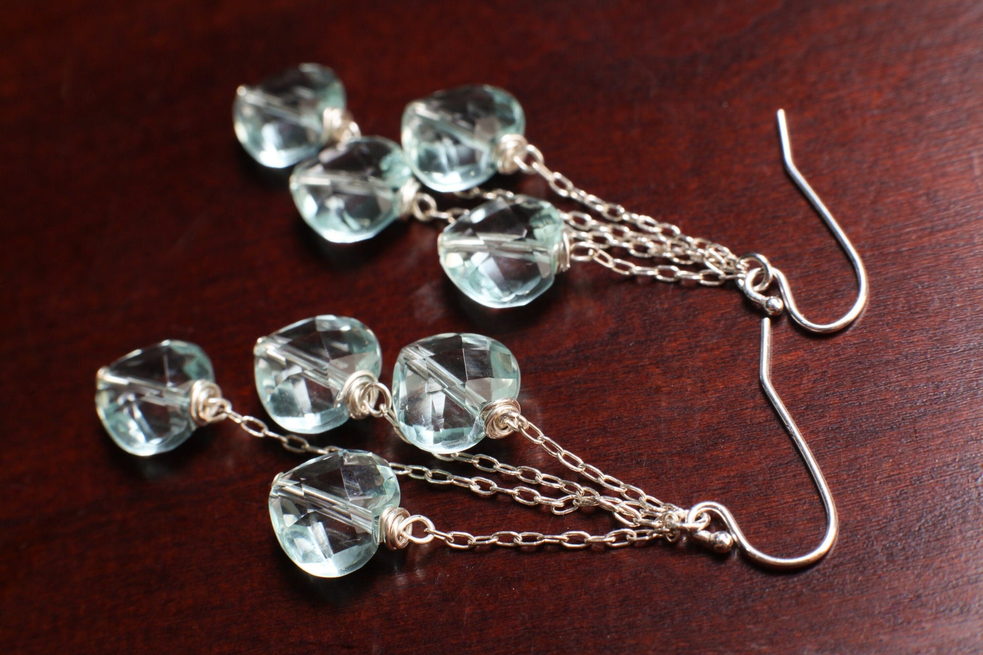 aquamarine quartz 10mm Faceted Heart Dangle Earrings with 925 Sterling Silver chain and Ear Wire Soothing earrings Beach boho valentine gift