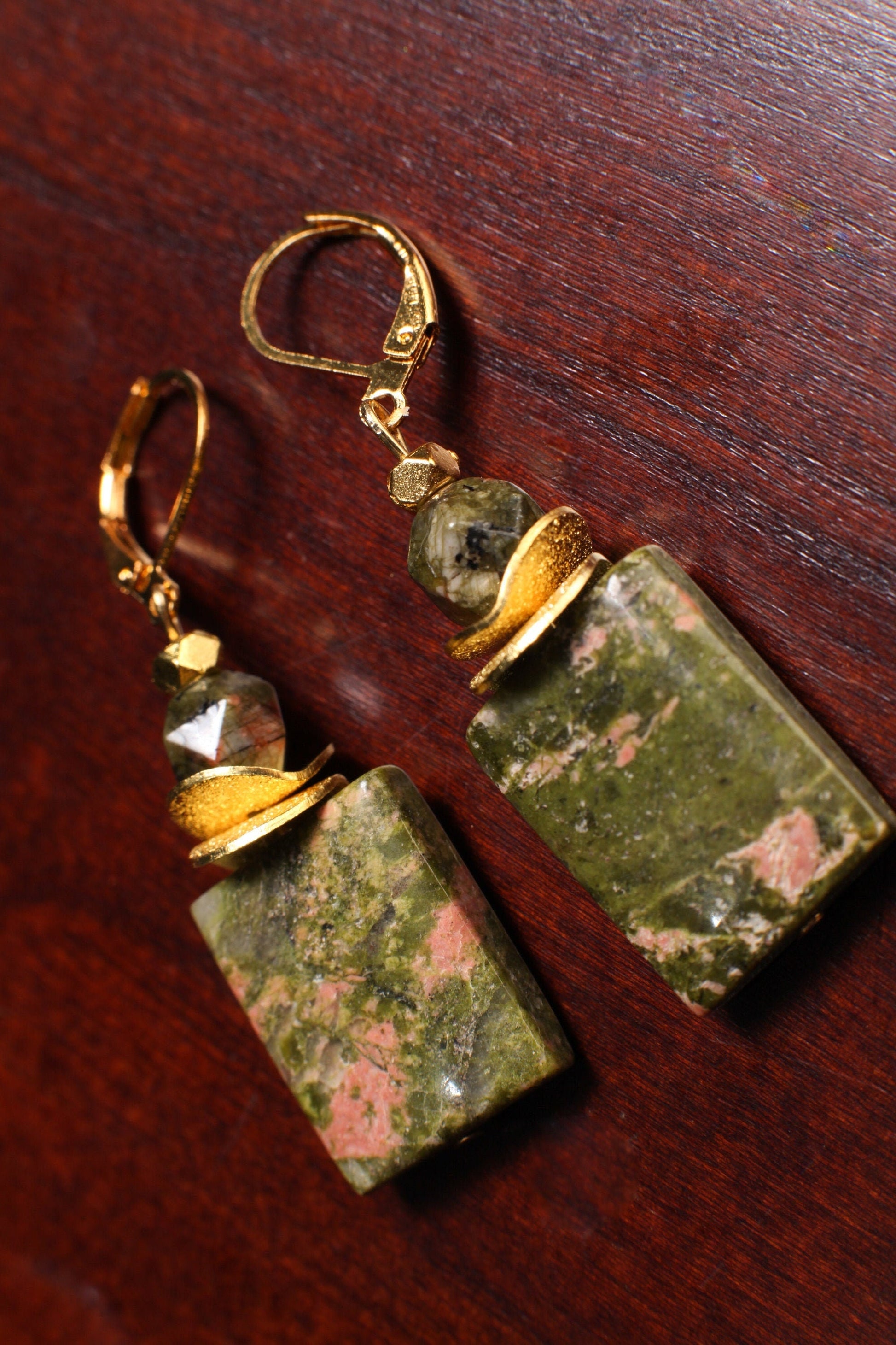 Genuine Unakite 15x20mm Rectangle Gemstone Earrings, with Gold Brushed Spacer Disk, 6mm Unakite Octagon Gold Leverback Earrings