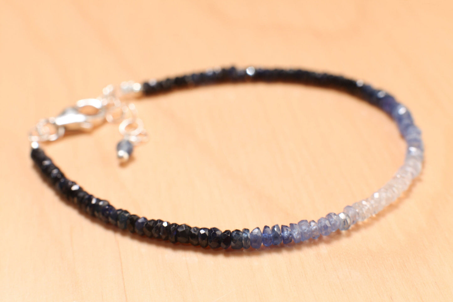 Ombre Sapphire Faceted Rondelle 2.8-3mm Bracelet in 925 Sterling Silver Clasp and 1&quot; Extension Chain, AAAQuality, September Birthstone, Gift