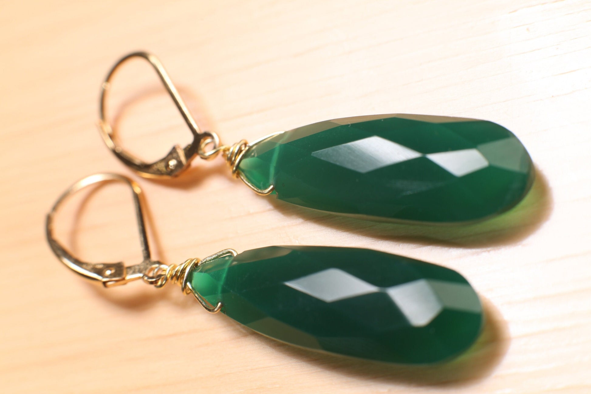 Genuine Green Onyx 9.5x25mm Wire Wrapped Briolette Teardrop in 14K Gold Filled lever back Earring, Precious Gift for her