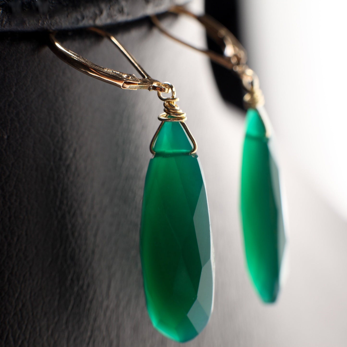 Genuine Green Onyx 9.5x25mm Wire Wrapped Briolette Teardrop in 14K Gold Filled lever back Earring, Precious Gift for her