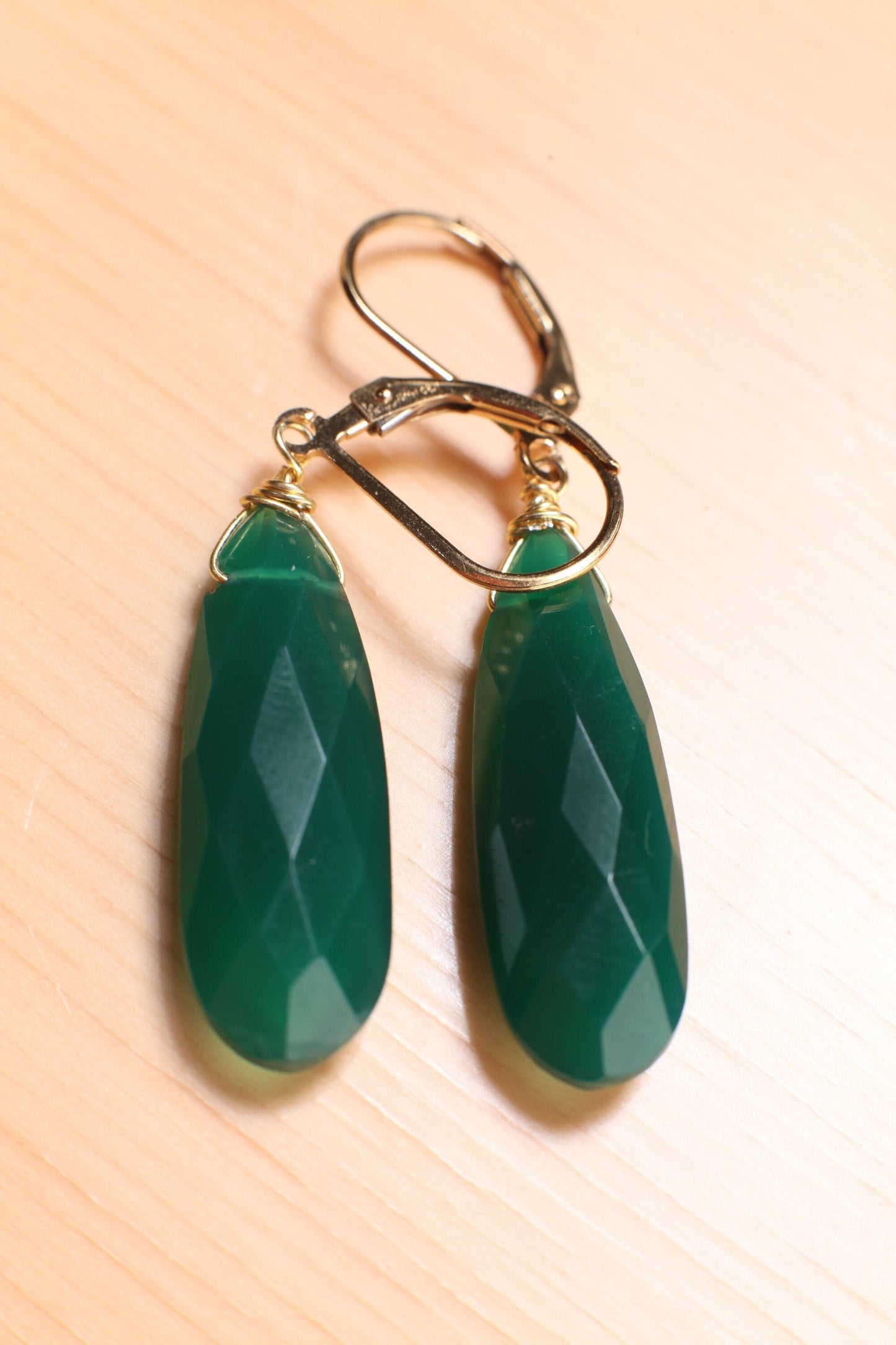 Genuine Green Onyx 9.5x25mm Wire Wrapped Briolette Teardrop in 14K Gold Filled lever back Earring, Precious Gift for her