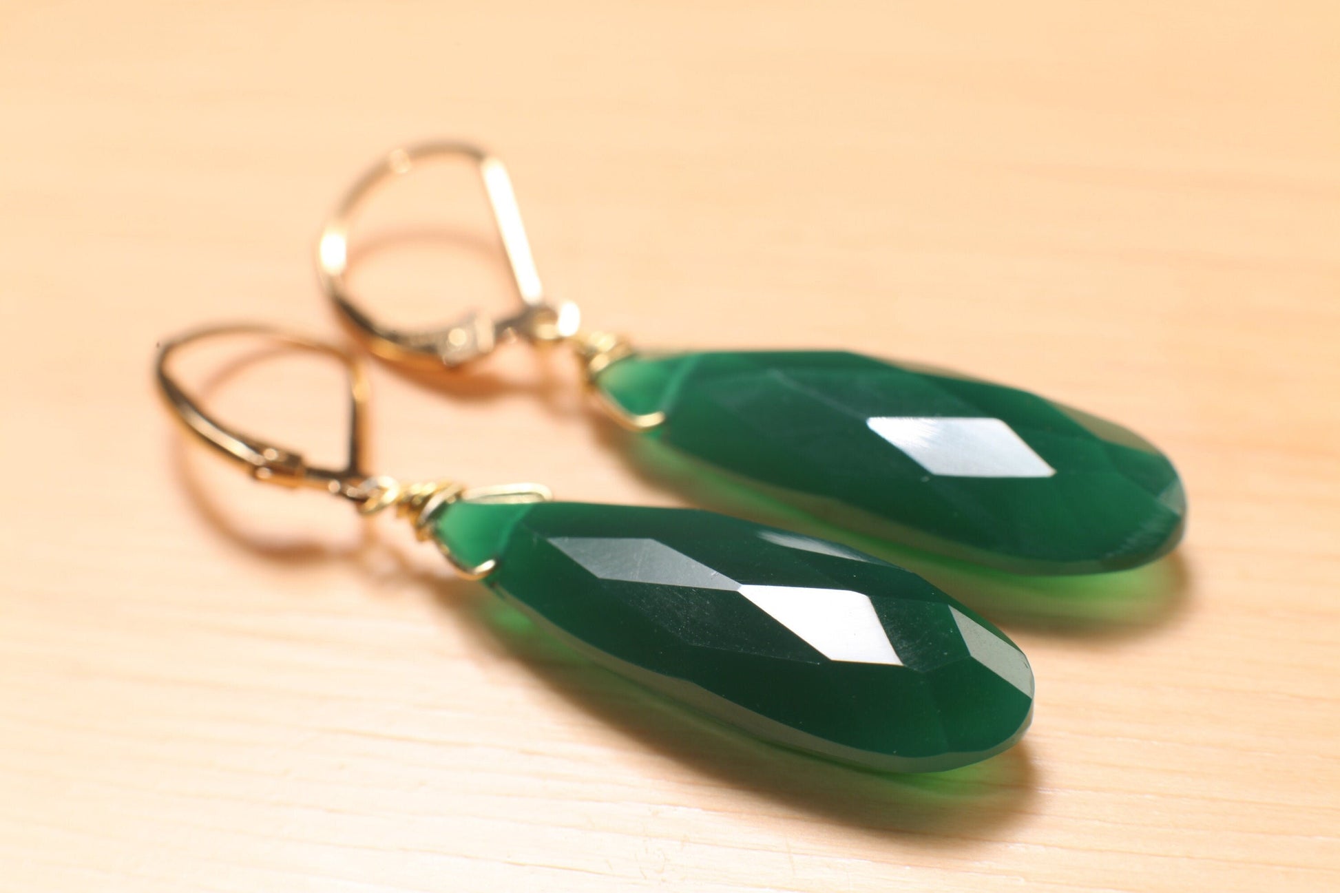 Genuine Green Onyx 9.5x25mm Wire Wrapped Briolette Teardrop in 14K Gold Filled lever back Earring, Precious Gift for her