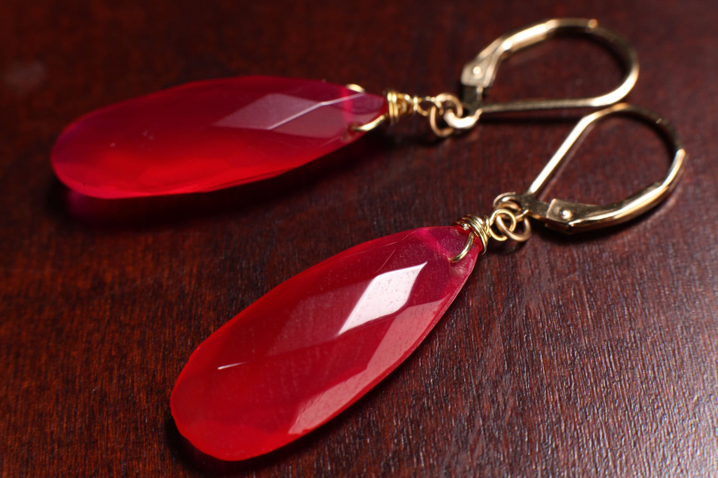 Hot Pink Chalcedony 9.5x25mm long Briolette Teardrop, 14K Gold Filled Earwire or Leverback, Boho, Gemstone Jewelry handmade Gift for Her