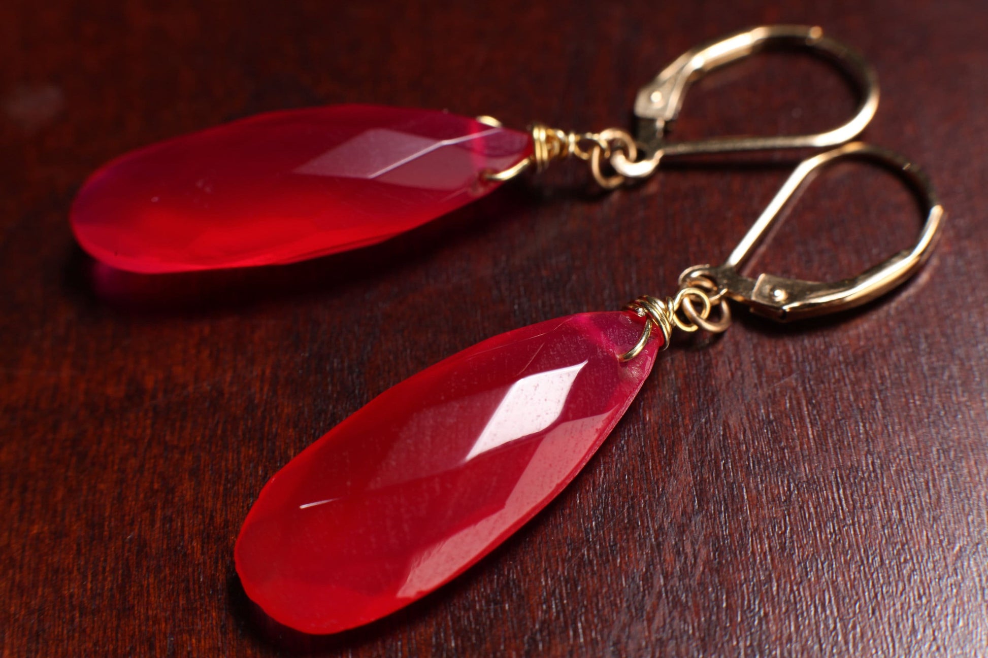 Hot Pink Chalcedony 9.5x25mm long Briolette Teardrop, 14K Gold Filled Earwire or Leverback, Boho, Gemstone Jewelry handmade Gift for Her