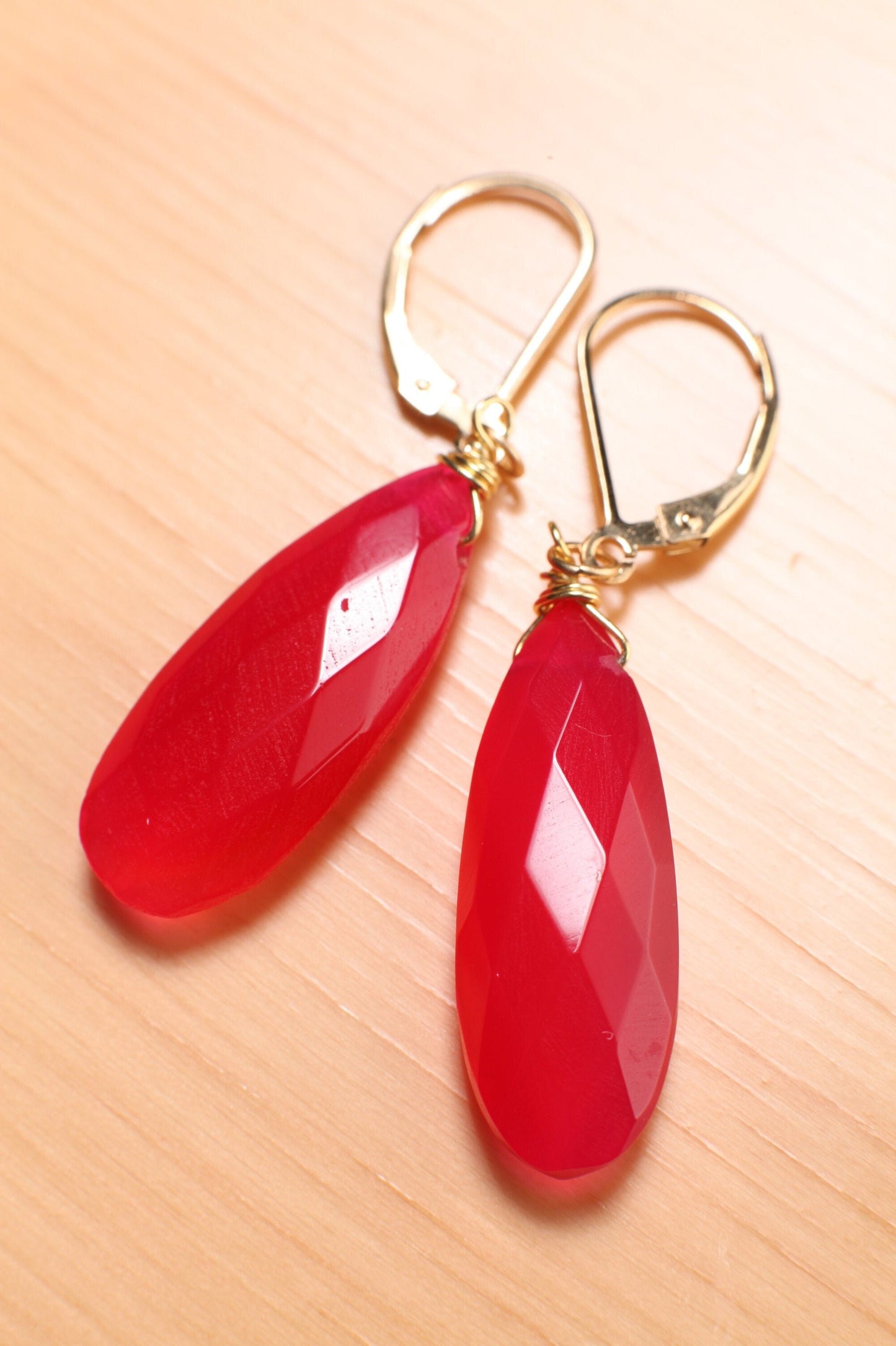 Hot Pink Chalcedony 9.5x25mm long Briolette Teardrop, 14K Gold Filled Earwire or Leverback, Boho, Gemstone Jewelry handmade Gift for Her